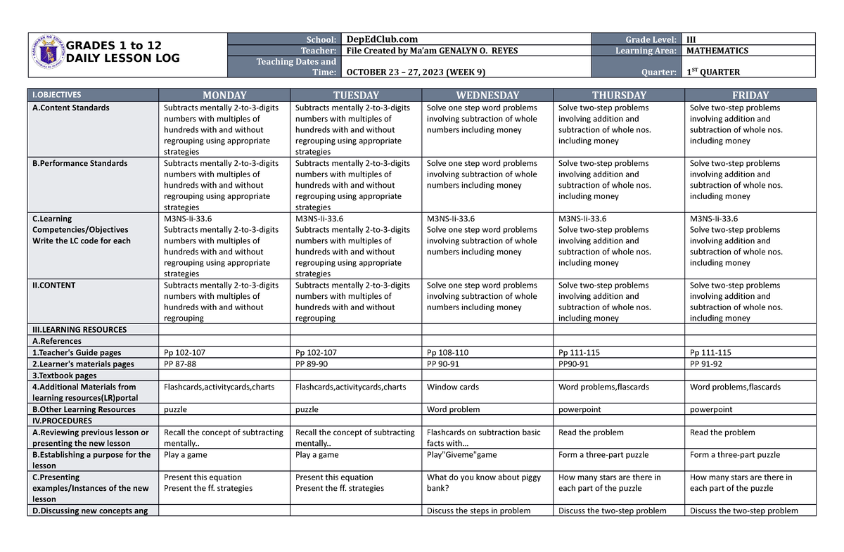 DLL Mathematics 3 Q1 W9 - DLL - GRADES 1 To 12 DAILY LESSON LOG School ...