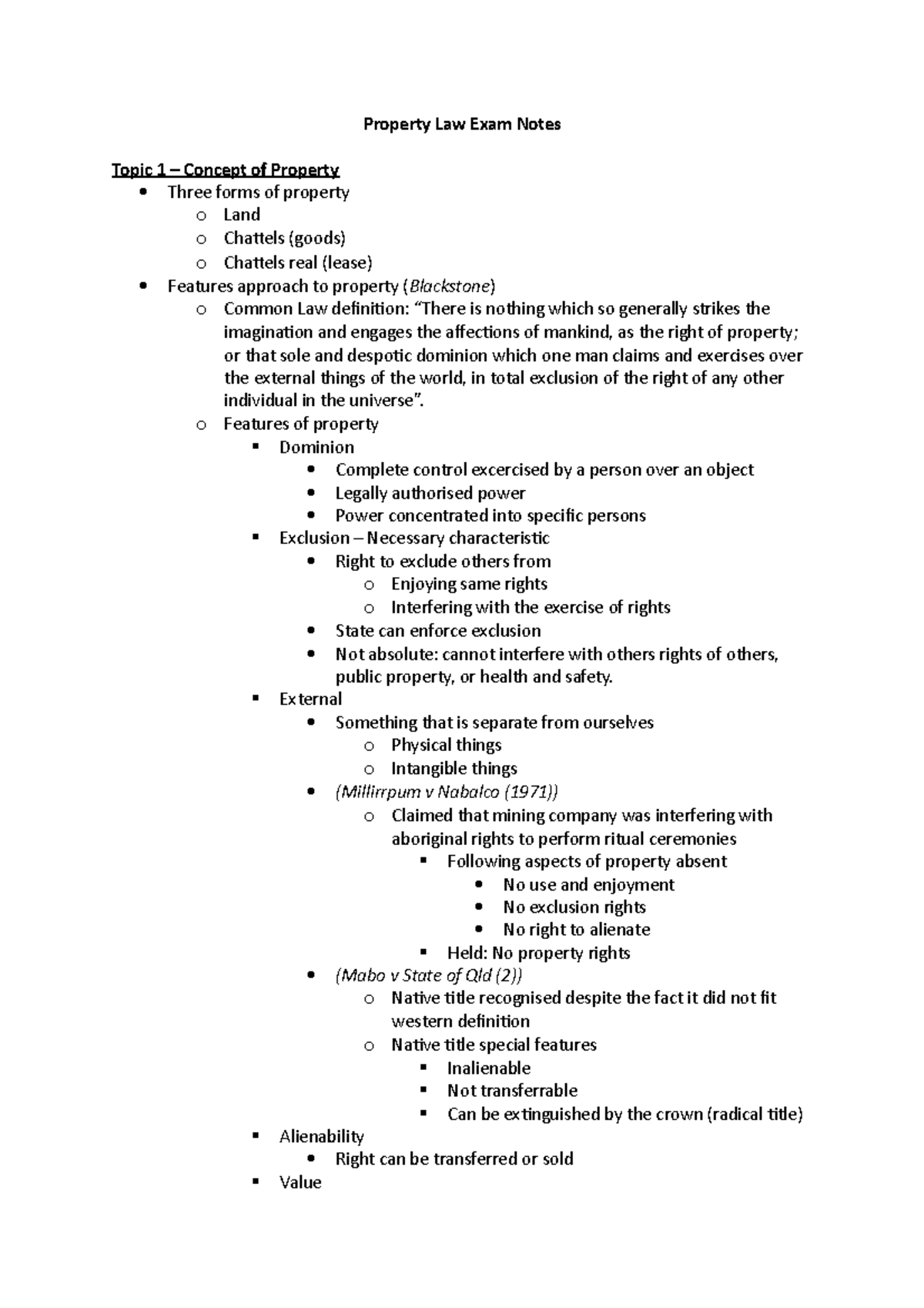 Property Law Exam Notes - Property Law Exam Notes Topic 1 – Concept of ...