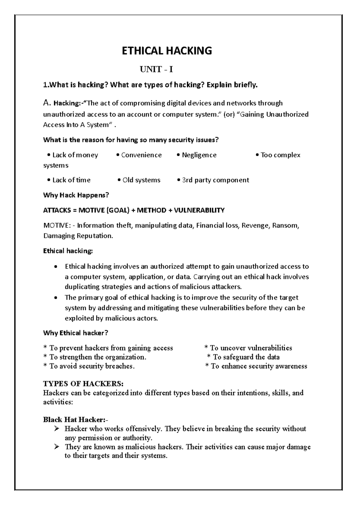 EH-papers - Ethical Hacking - ETHICAL HACKING UNIT - I 1 .What is ...