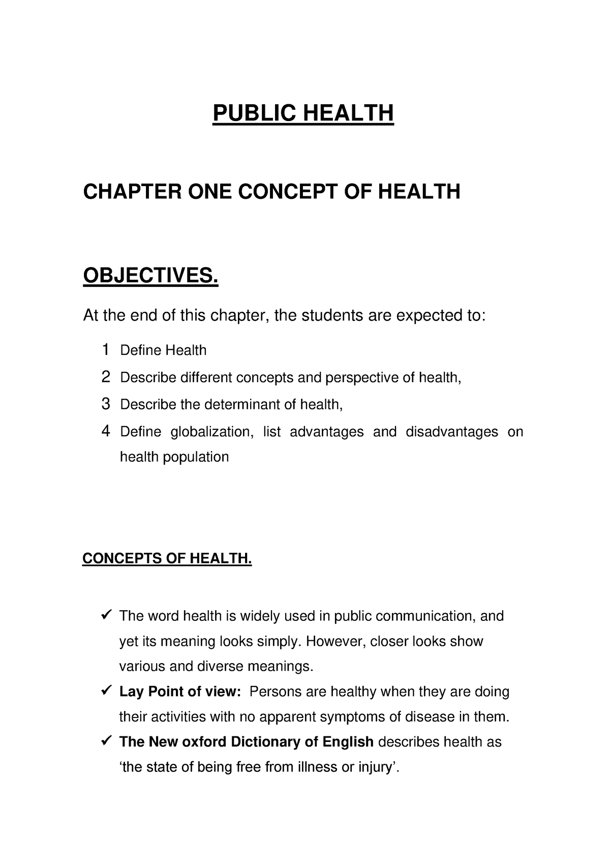 1 And 2 Lecture Notes Public Health - PUBLIC HEALTH CHAPTER ONE CONCEPT ...