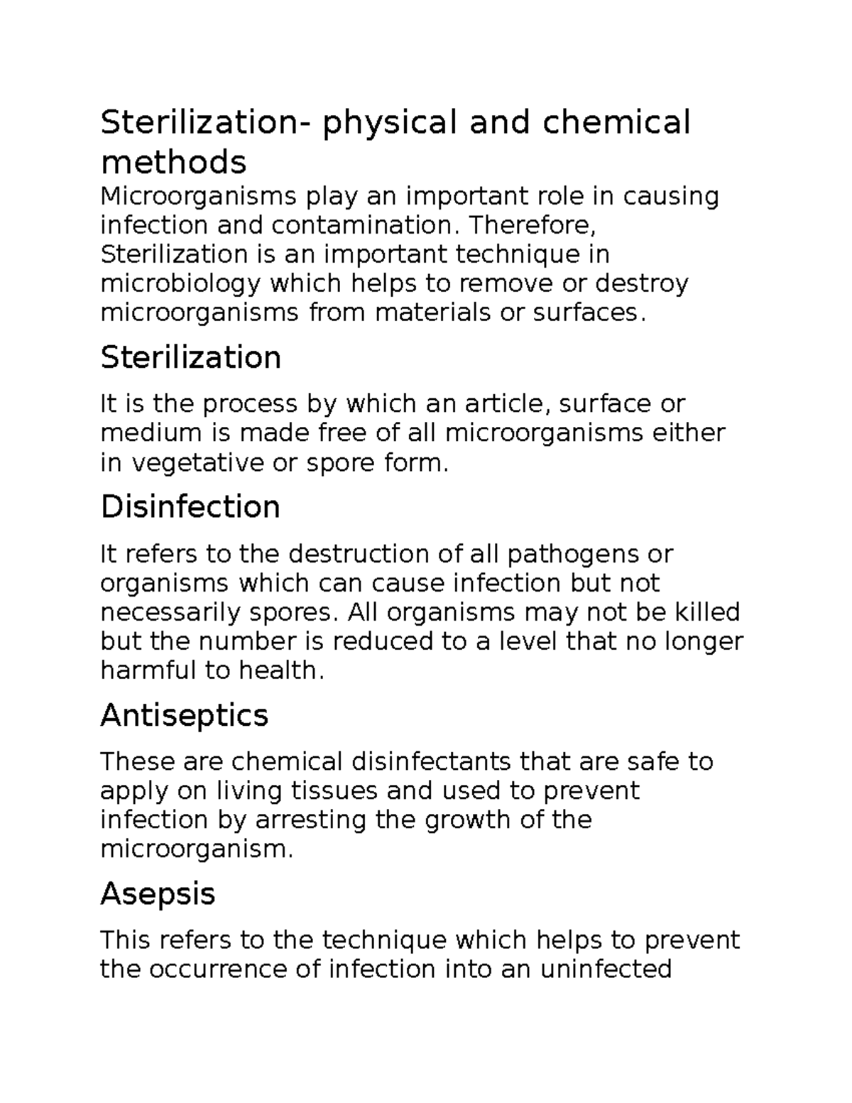 Bio 12 notes Sterilization physical and chemical methods