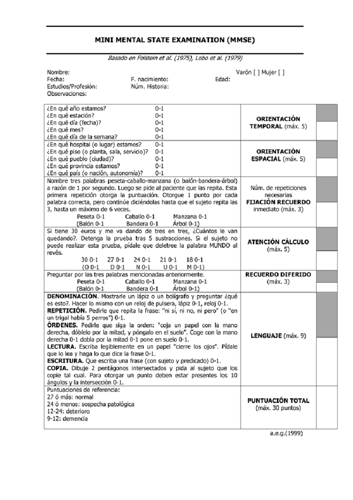 Mini Mental Mini Mental State Examination Mmse Basado En Folstein