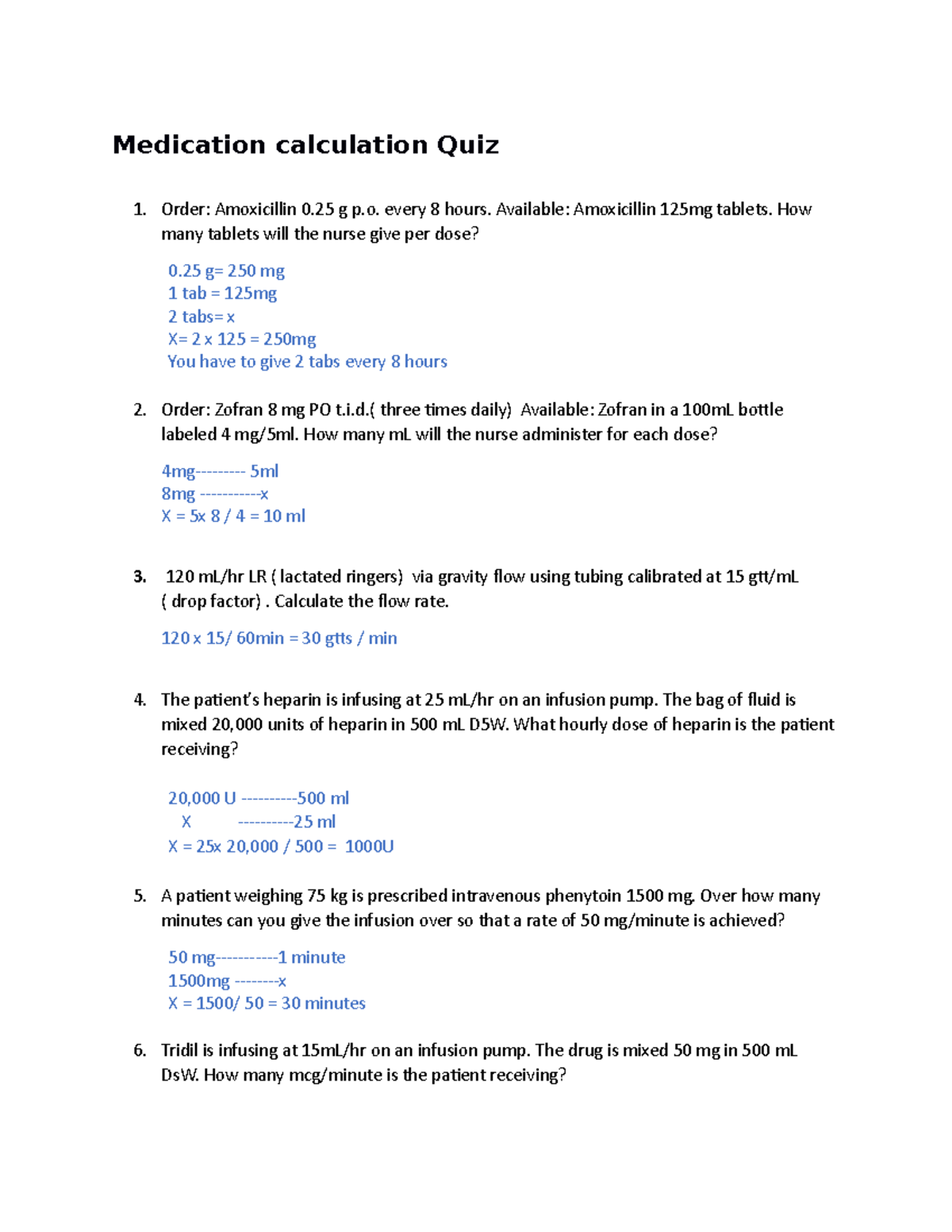 Medication calculation excercises WITH Answers may 6-2023 - Medication ...