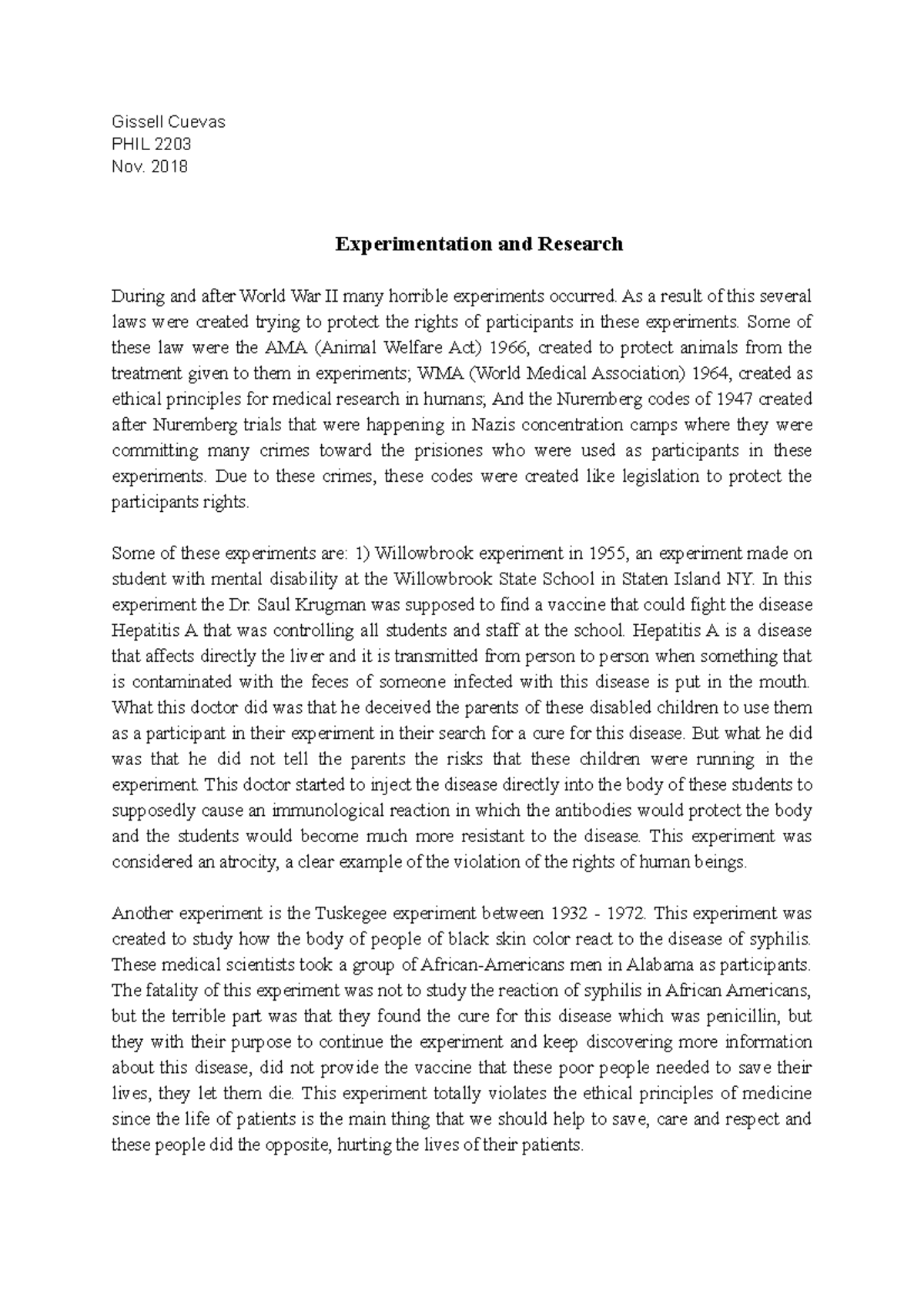 Experimentation and Research - Gissell Cuevas PHIL 2203 Nov. 2018 ...