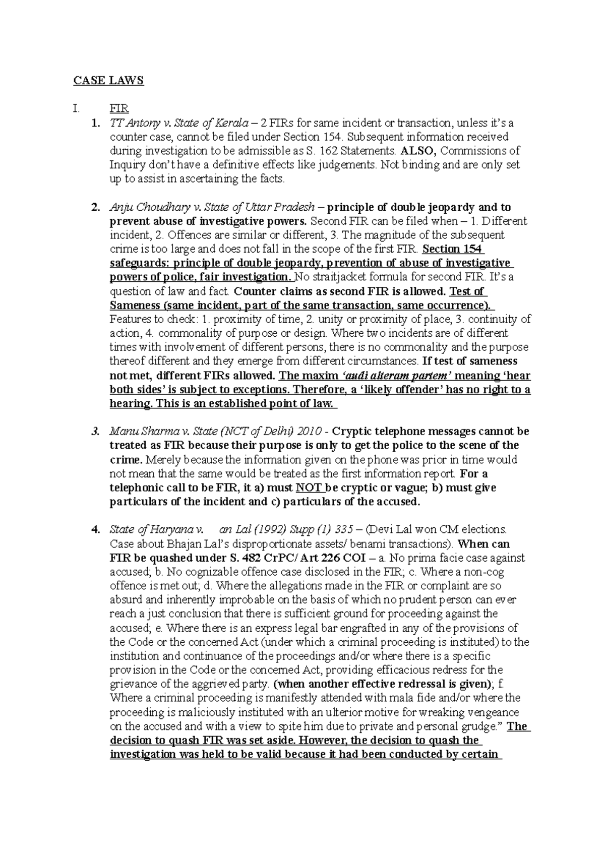 Cr PC CASE LAWS LIST Case law summary for CrPC CASE LAWS I. FIR TT