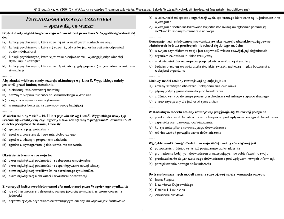 Psychologia Rozwojowa - Brzezińska - Pytania Egzaminacyjne - Brzezi Ska ...