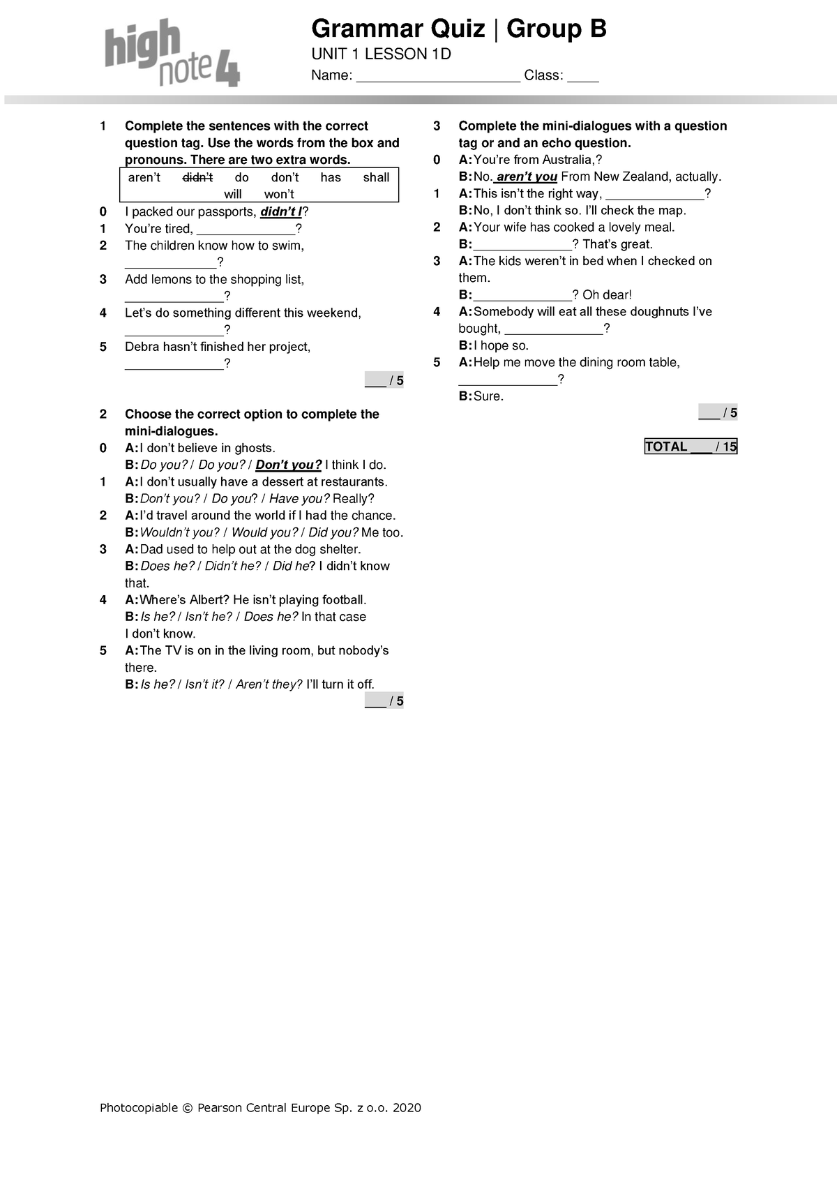 High Note 4 U1D Grammar Quiz B - Grammar Quiz | Group B UNIT 1 LESSON ...