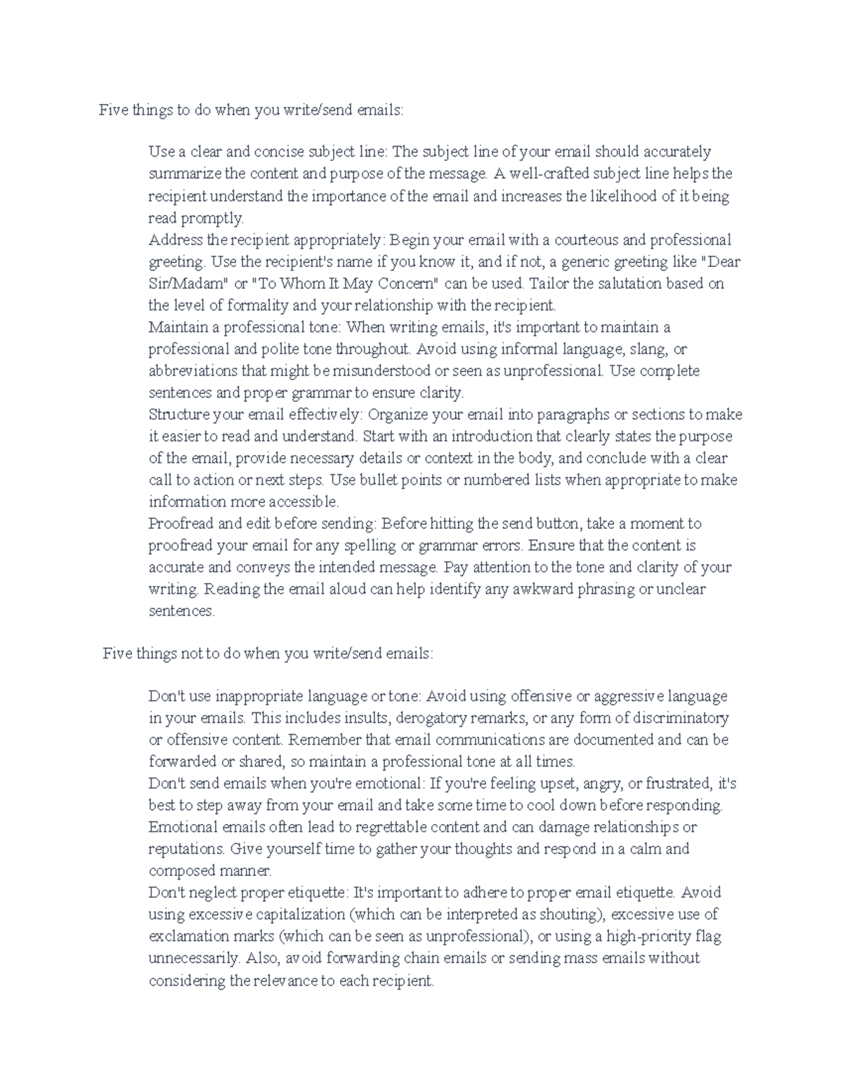 Dos dont - course work - Five things to do when you write/send emails ...