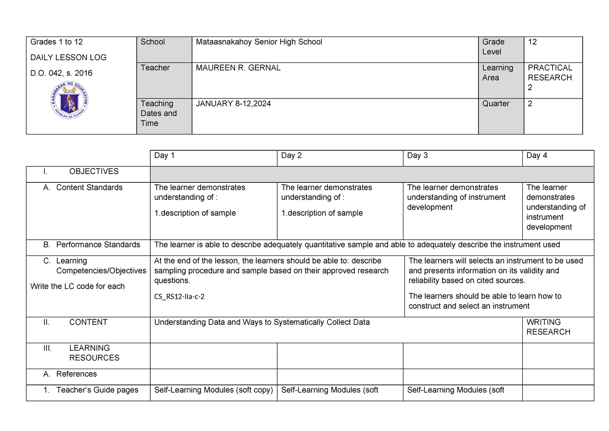 Grade 12 pr2 q2w8 Gernal Maureen - Grades 1 to 12 DAILY LESSON LOG D ...