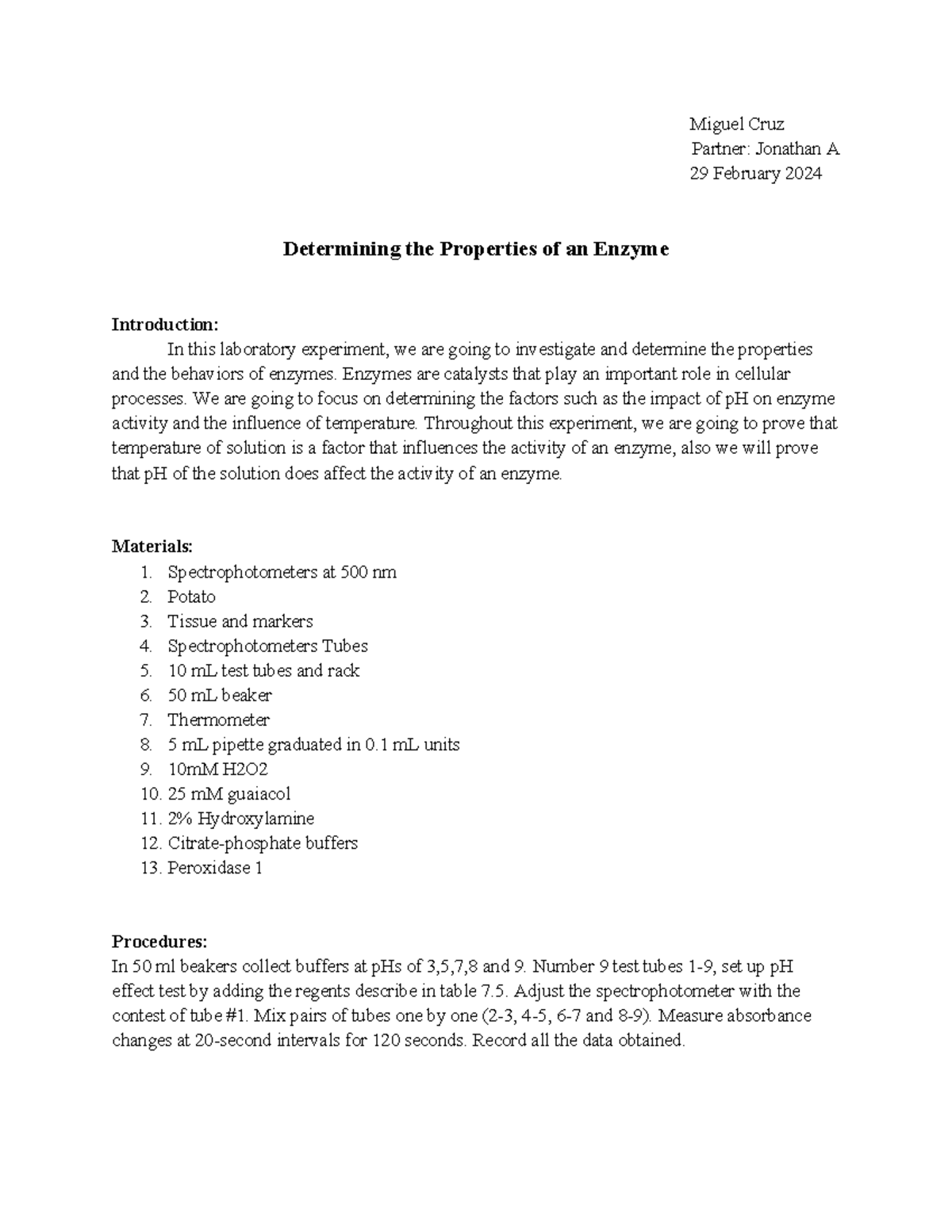 Lab report 6 Enzymes Miguel Cruz Partner Jonathan A 29 February 2024