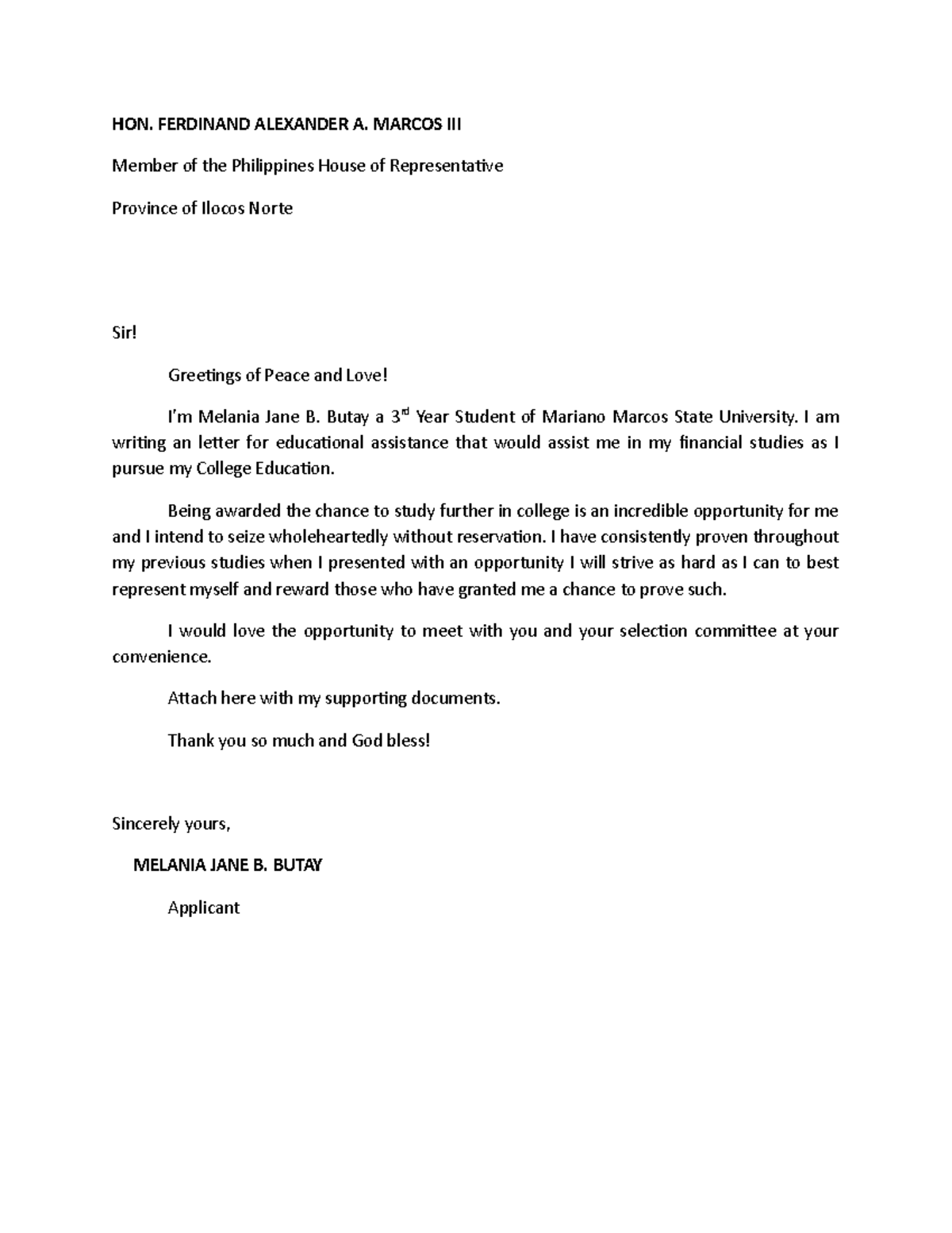 Letter Assisstance - xoxox - HON. FERDINAND ALEXANDER A. MARCOS III ...