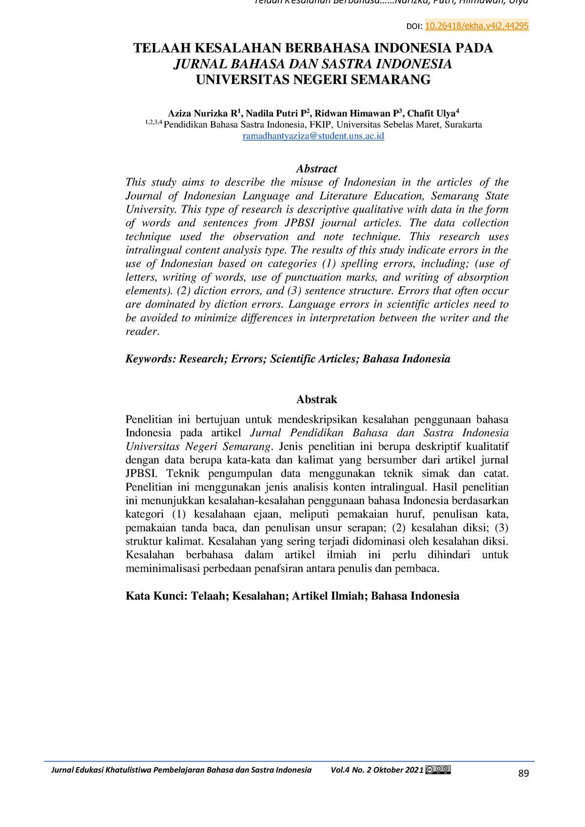 Jurnal Tugas Bi Siap Print - DOI: 10.26418/ekha. TELAAH KESALAHAN ...