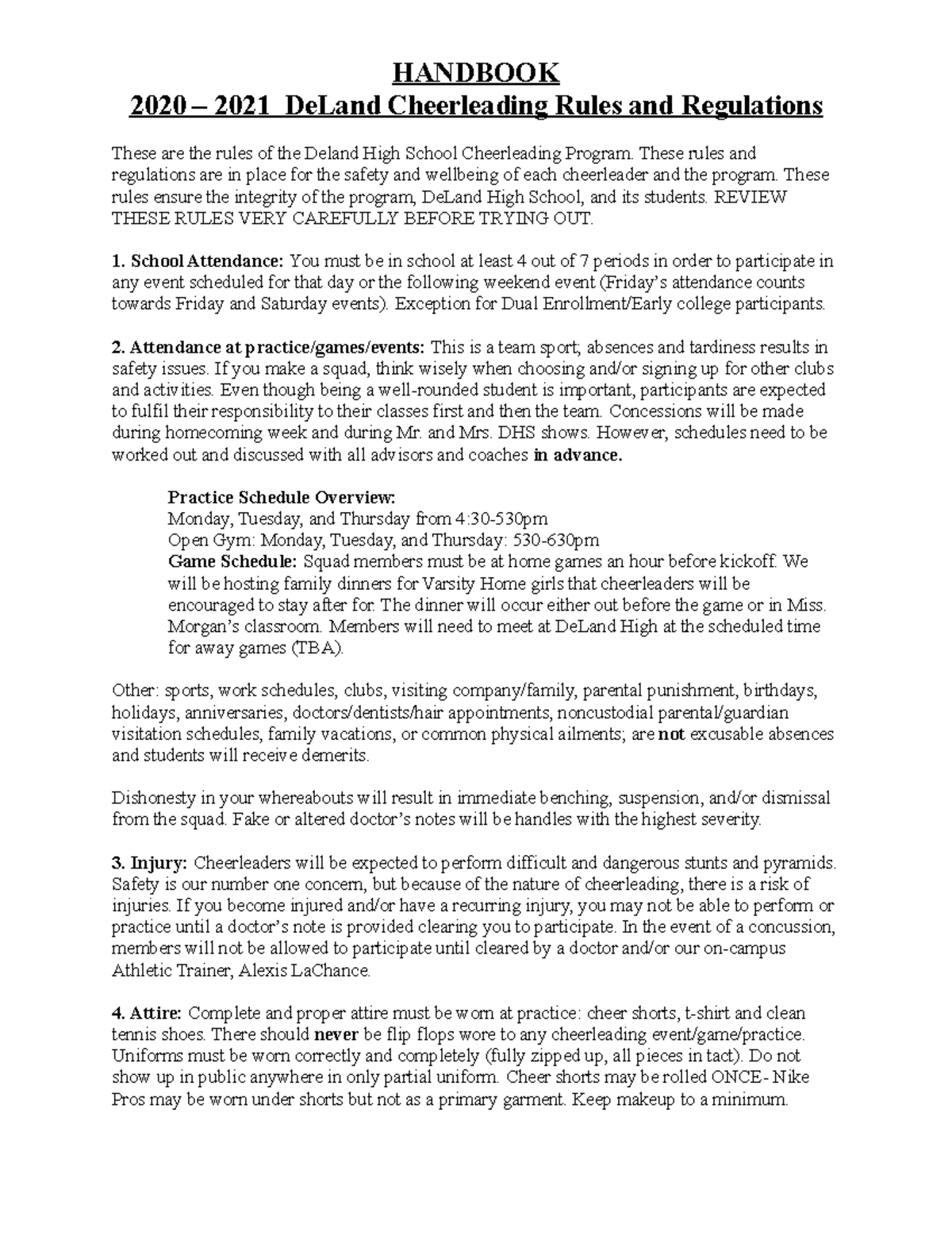 Cheer Handbook 20202021 HANDBOOK 2020 2021 DeLand Cheerleading