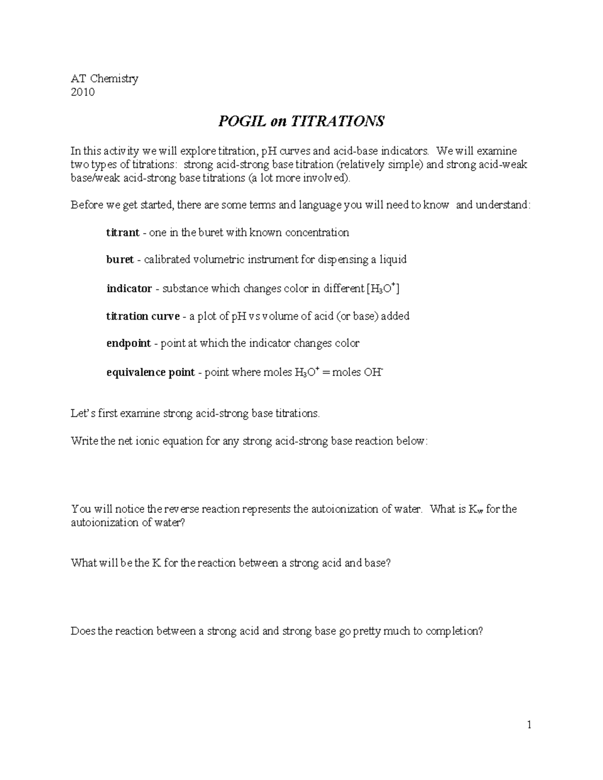 Titrations Pogil AT Chemistry 2010 POGIL on TITRATIONS In this