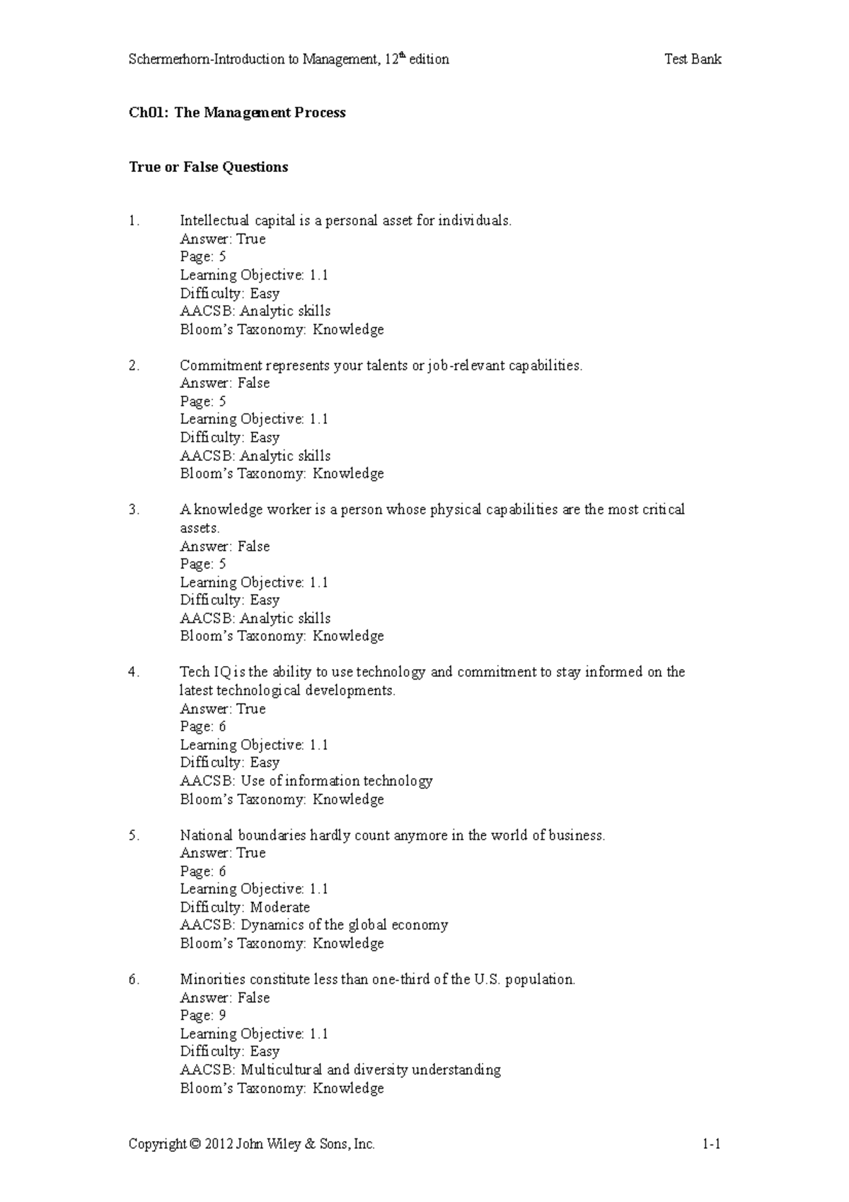 Ch01 - TEst Bank - Ch01: The Management Process True Or False Questions ...