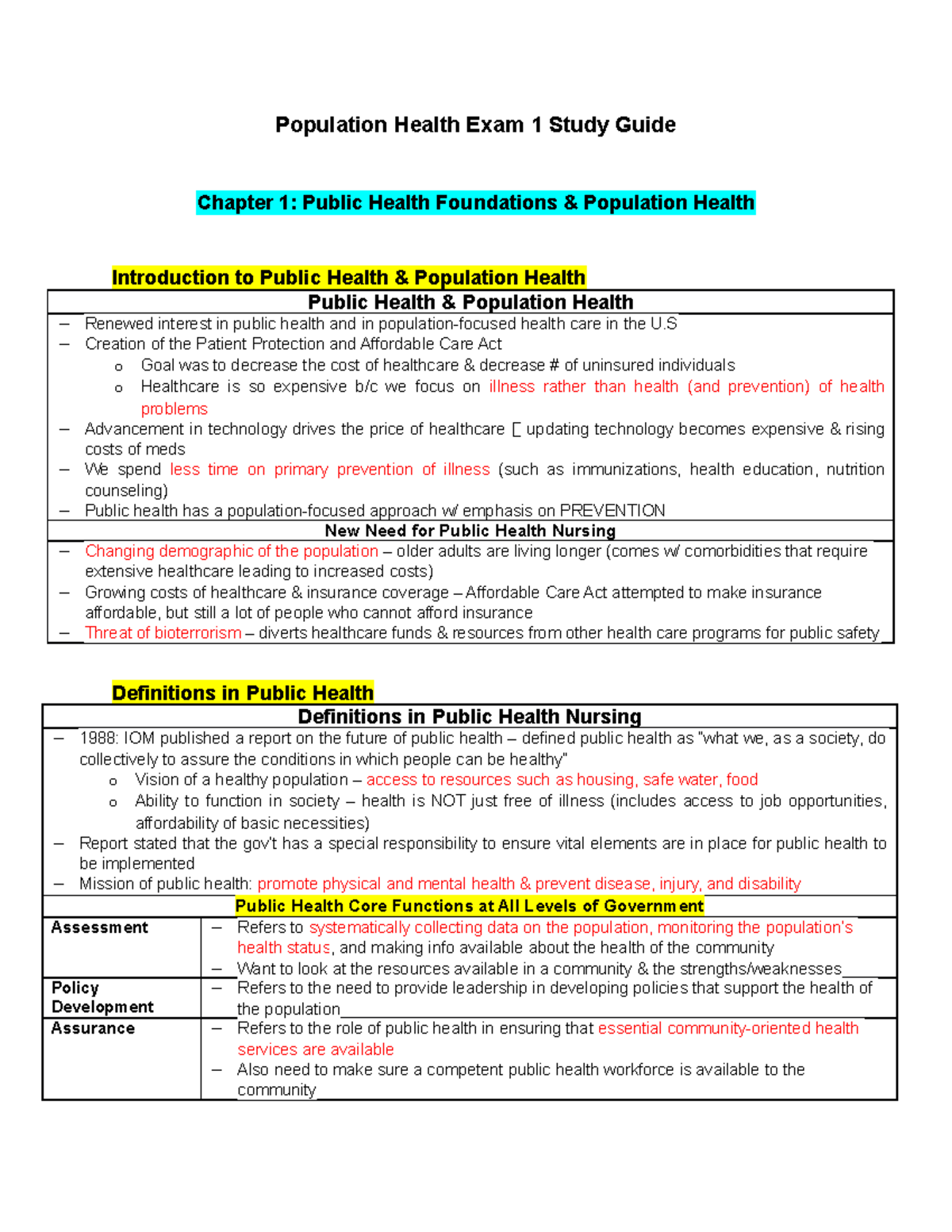 Exam 1 Study Guide (Weeks 1-3) - Population Health Exam 1 Study Guide ...