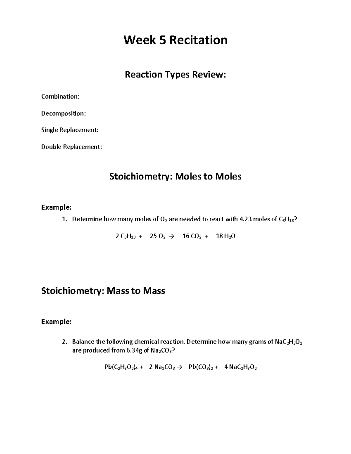 Week+6-Stoichiometry+and+Le+Chateliers - Week 5 Recitation Reaction ...