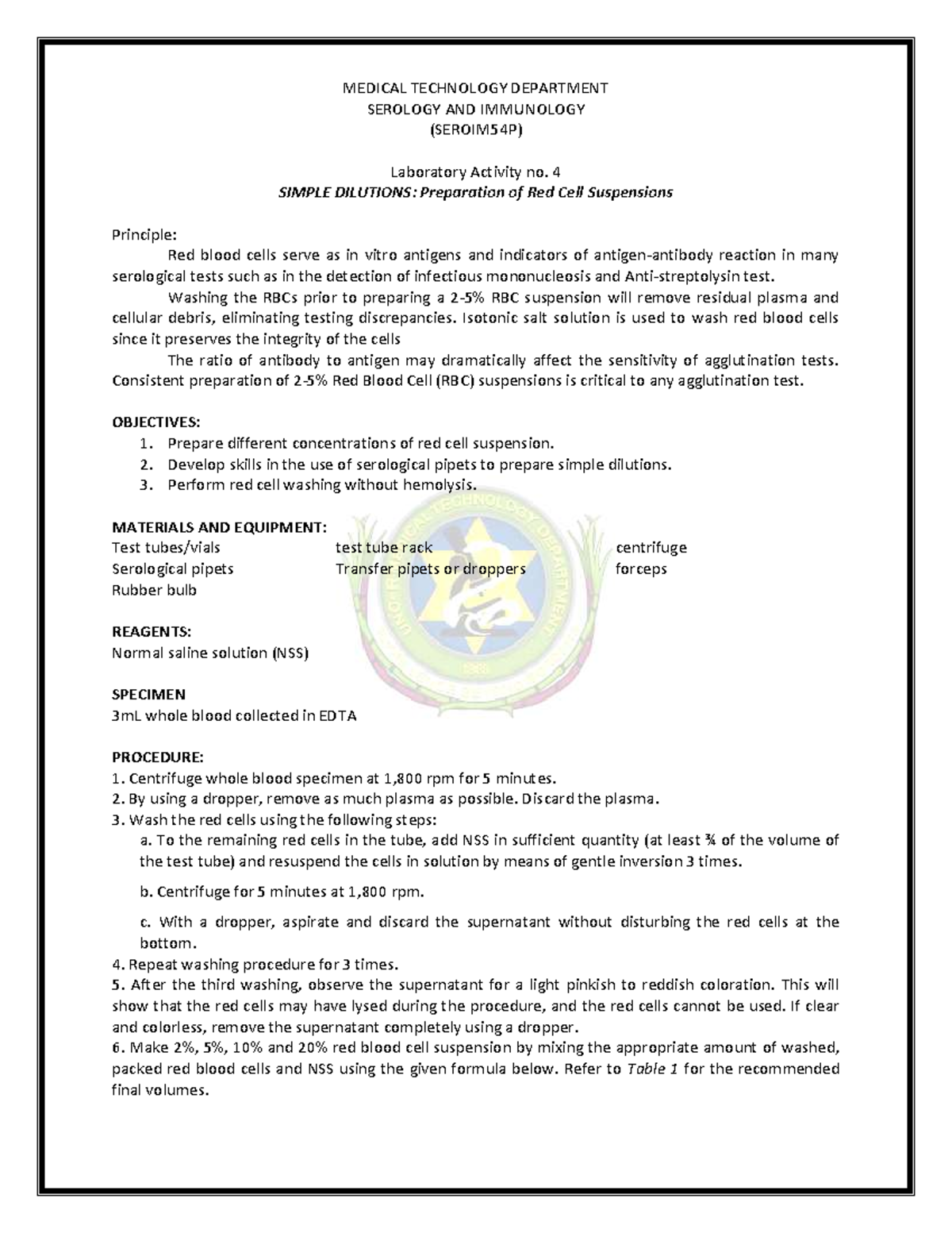 Activity 4 Simple Dilutions - MEDICAL TECHNOLOGY DEPARTMENT SEROLOGY ...