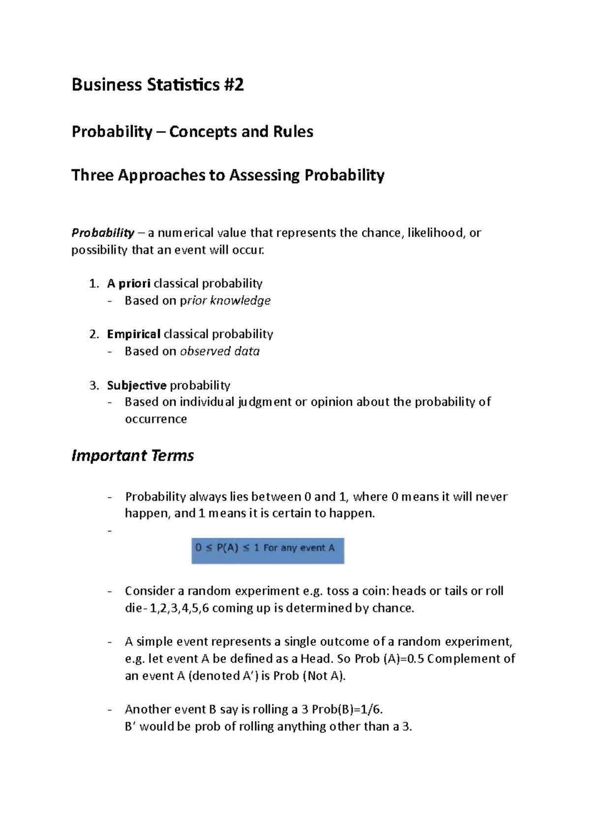 Business Statistics Lectures #2 - Business Statistics Probability ...