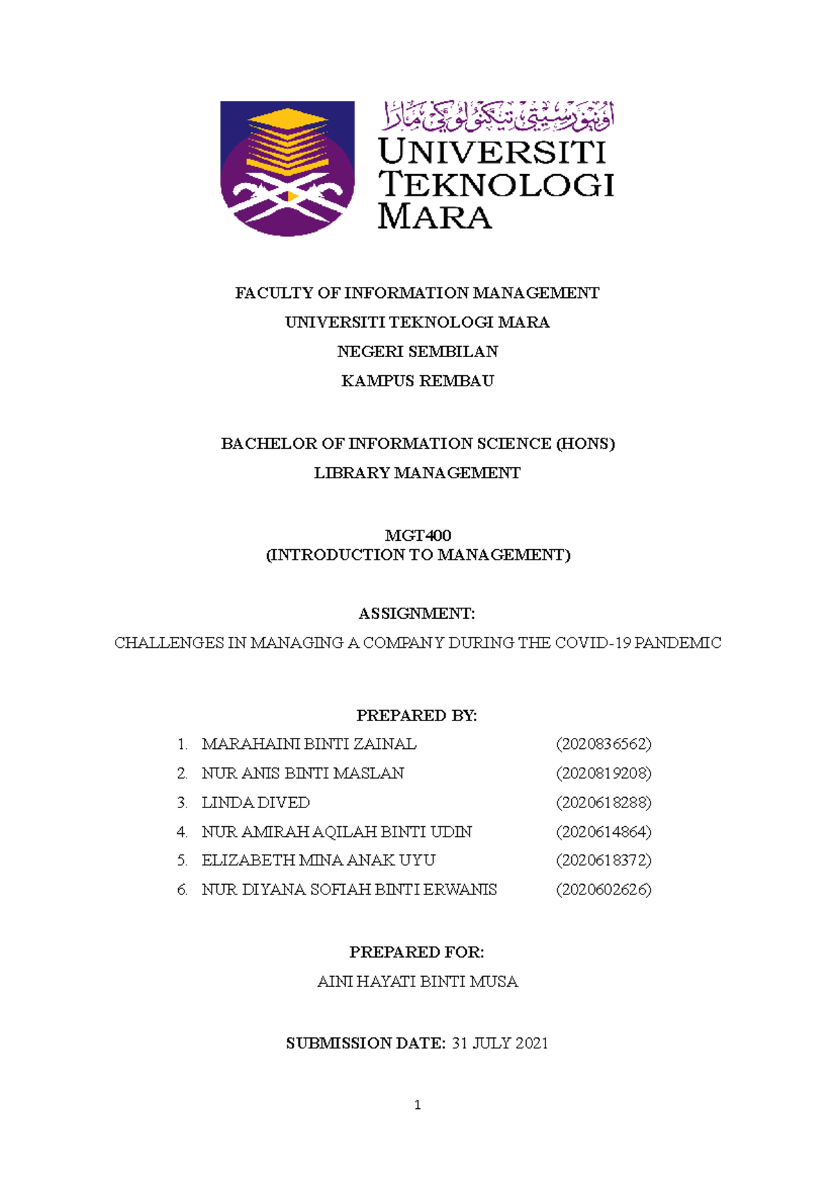 MGT 400 TOP Glove Company Assignment - FACULTY OF INFORMATION ...