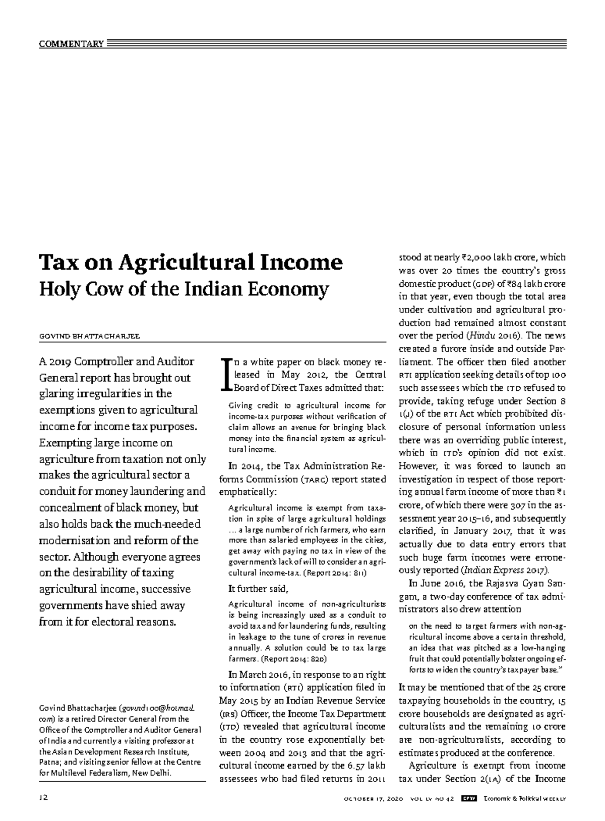 Agri income tax 2020 - Business Economics - VIT - StuDocu