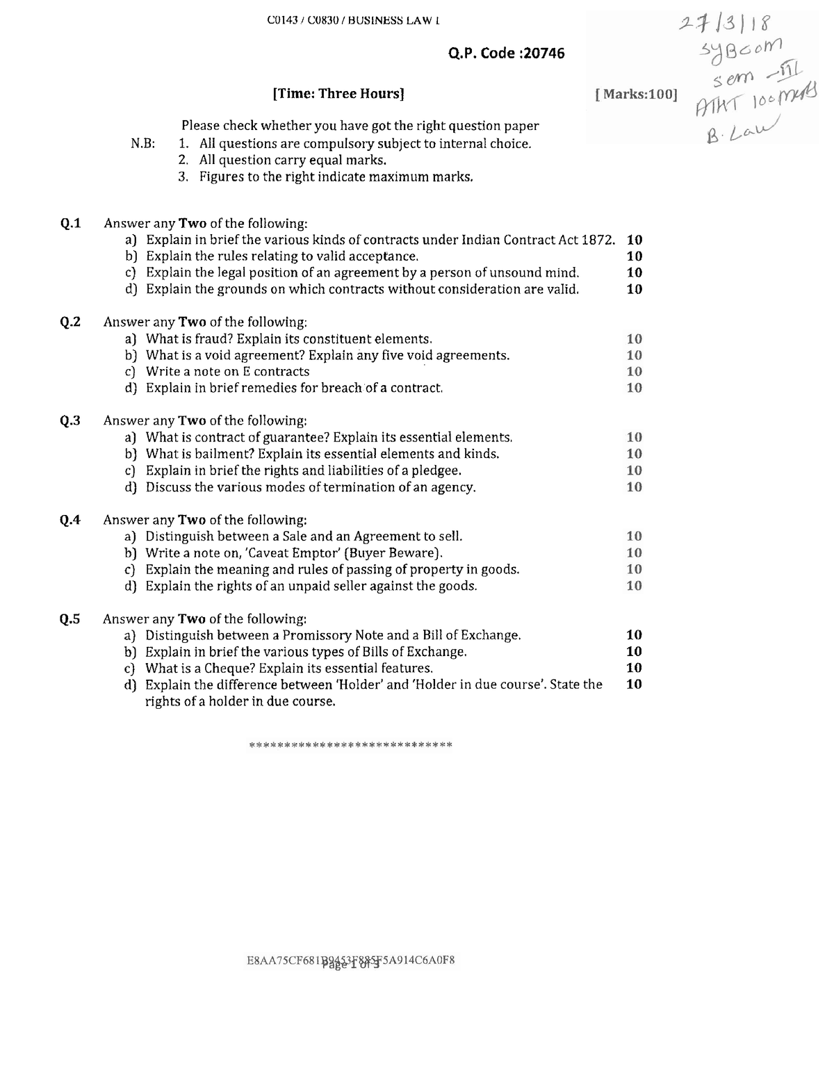 B LAW - Imp Questions - C0143 1 C0830 1 BUSINESS LAW 1 Q. Code : [Time ...