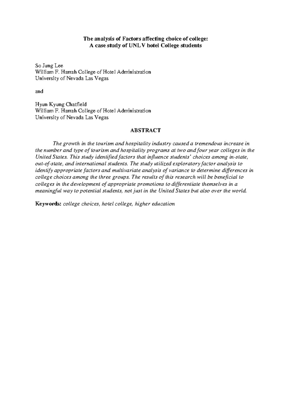 The Analysis of Factors Affecting Choice of College A Case Study - The ...
