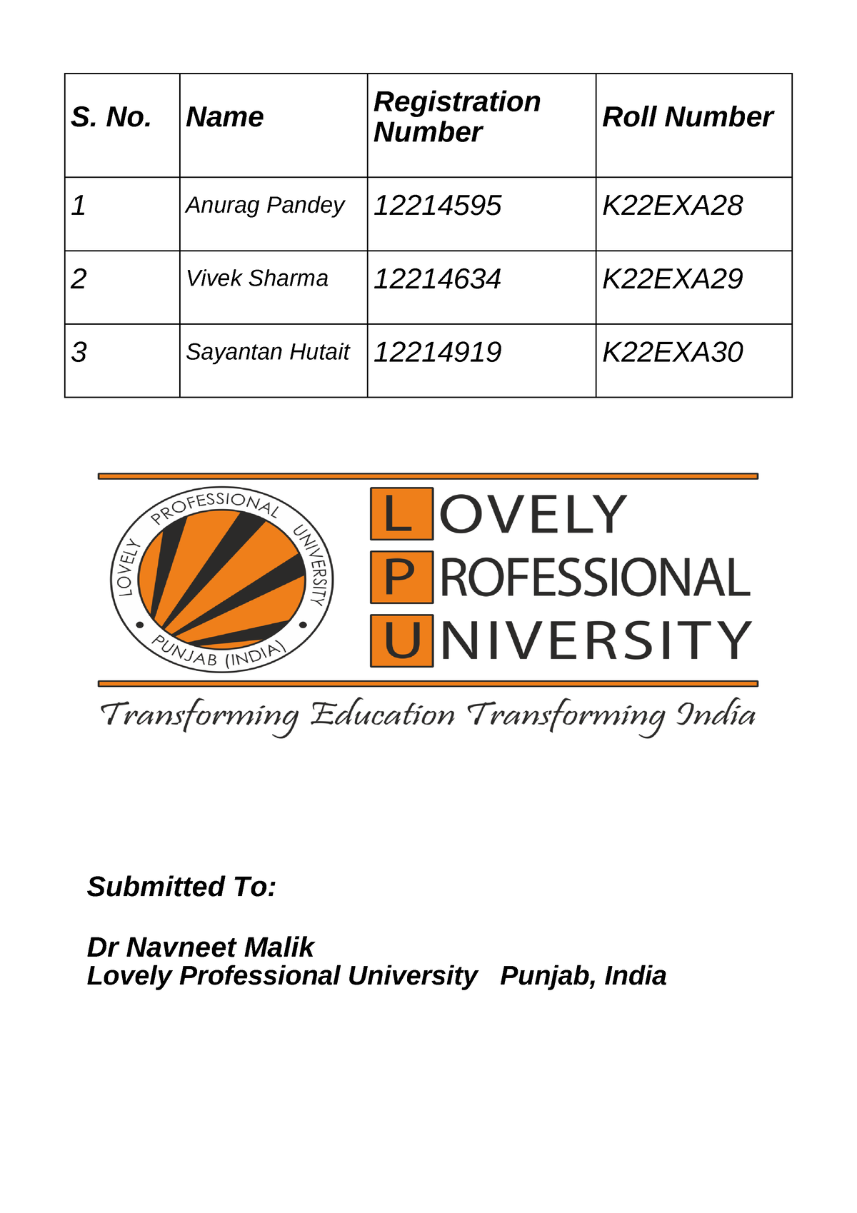 C final report - S. No. Name Registration Number Roll Number 1 Anurag ...