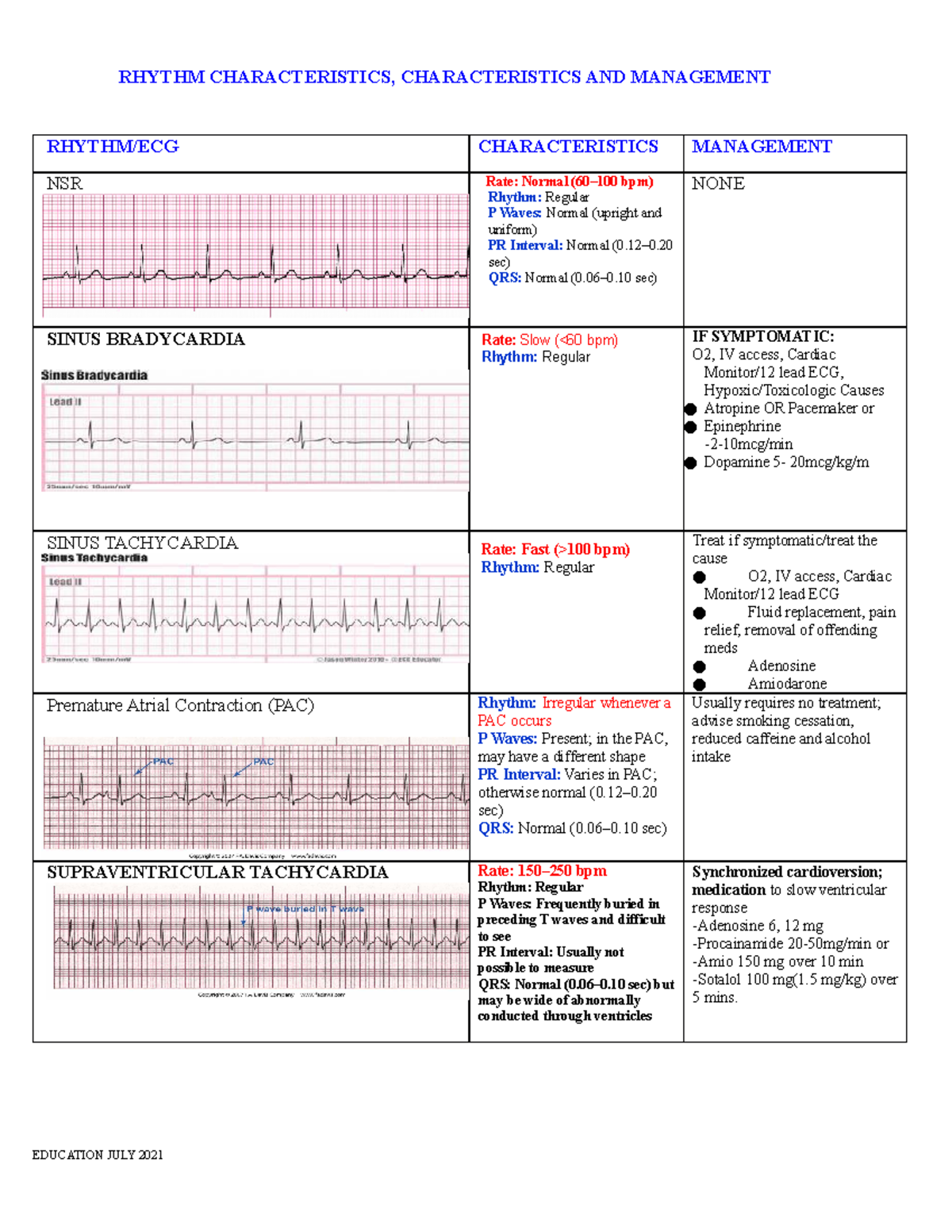 Rhythm Characteristics Summary - RHYTHM/ECG CHARACTERISTICS MANAGEMENT ...