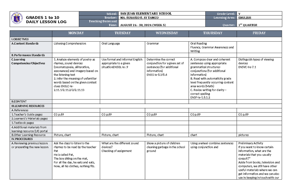DLL English 5 Q1 W5 - dll - GRADES 1 to 10 DAILY LESSON LOG School: SAN ...