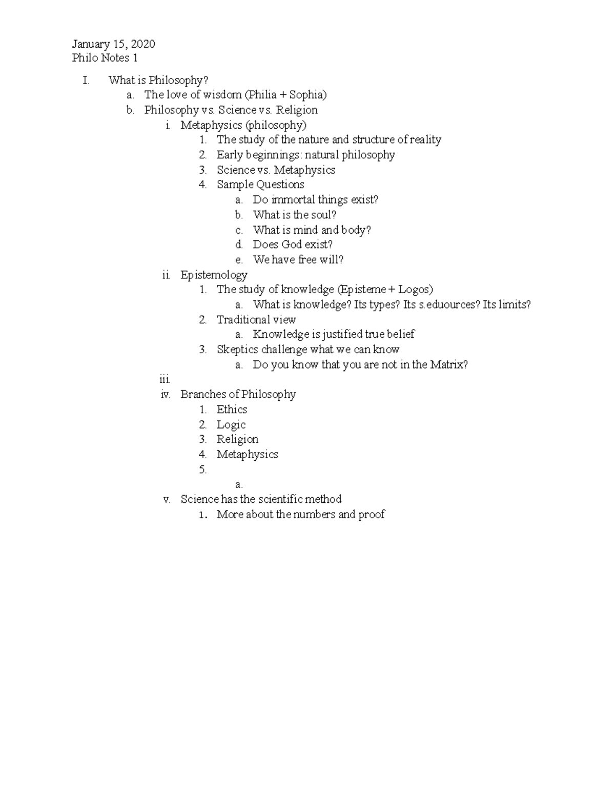 Philo Notes 1 - Todd Kukla - January 15, 2020 Philo Notes 1 I. What is ...