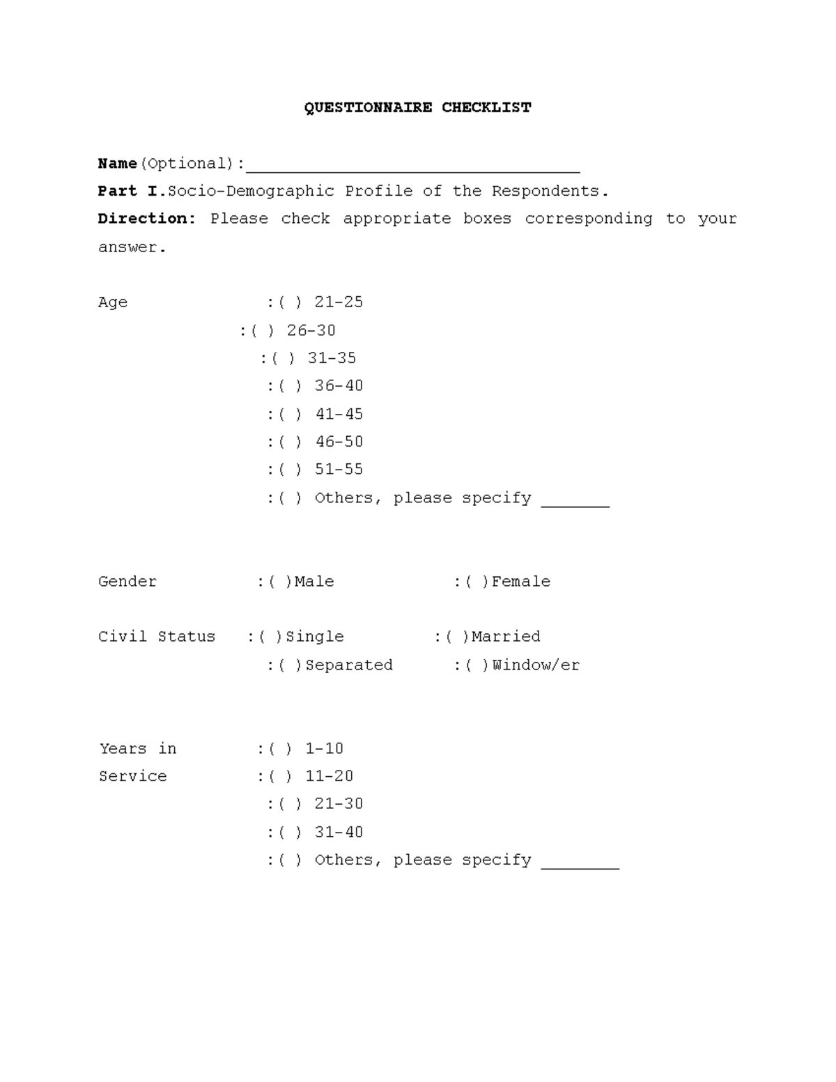 Questionnaire Checklist, king inang to daming alam - QUESTIONNAIRE ...