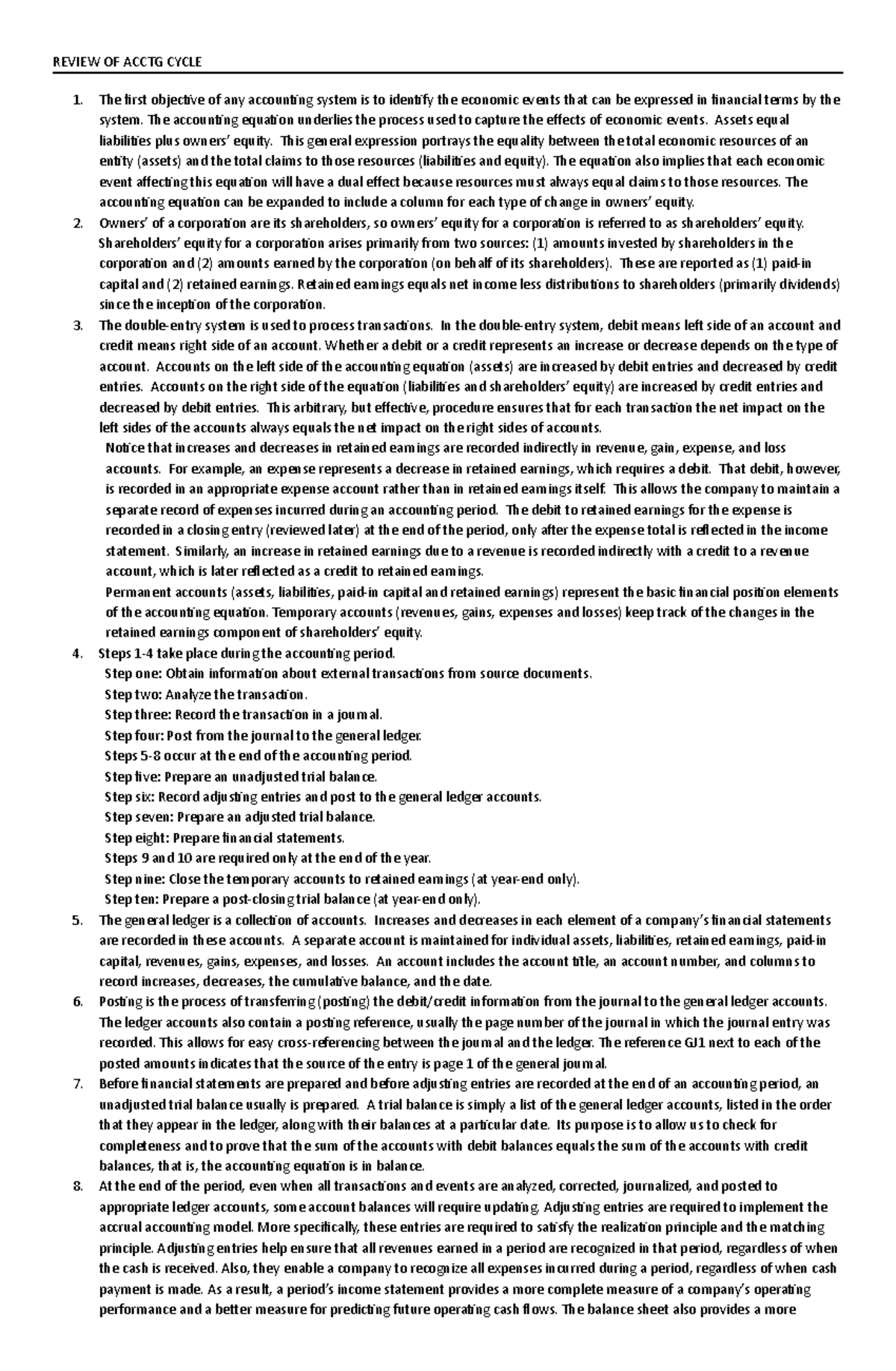Review OF Acctg Cycle Notes - REVIEW OF ACCTG CYCLE The first objective ...