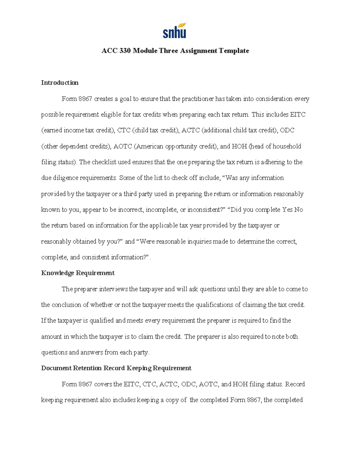 ACC 330 Module Three Assignment Template - ACC 330 Module Three ...