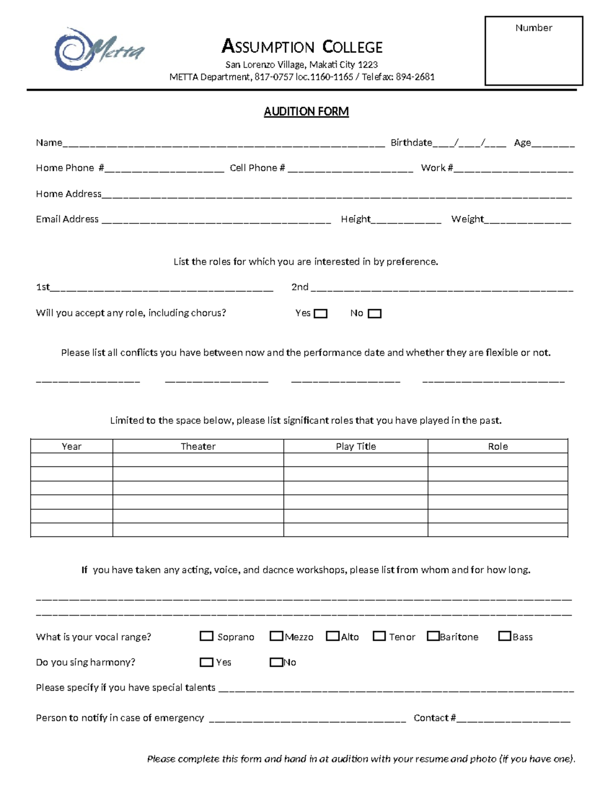 Audition form - ASSUMPTION COLLEGE San Lorenzo Village, Makati City ...