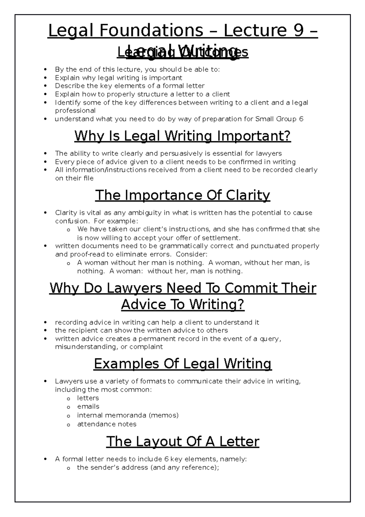 Lecture 9 (Legal Writing) - Topic One - LEFO - Learning Outcomes By the ...