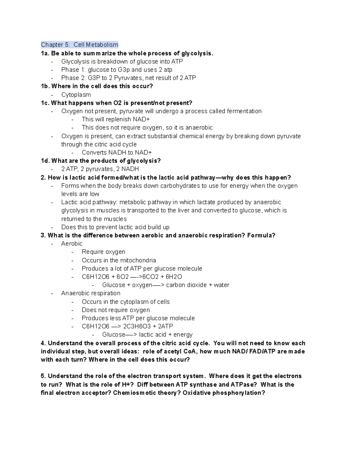Chapter 5 study guide - Chapter 5: Cell Metabolism 1a. Be able to ...