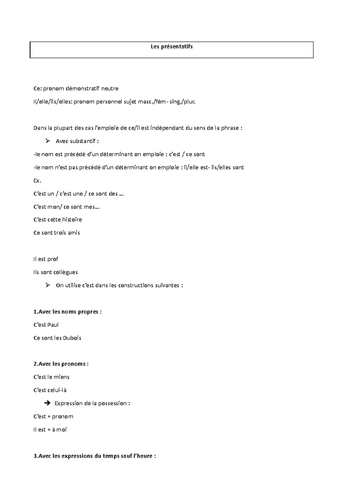 Les présentatifs - Les présentatifs Ce: pronom démonstratif neutre Il ...
