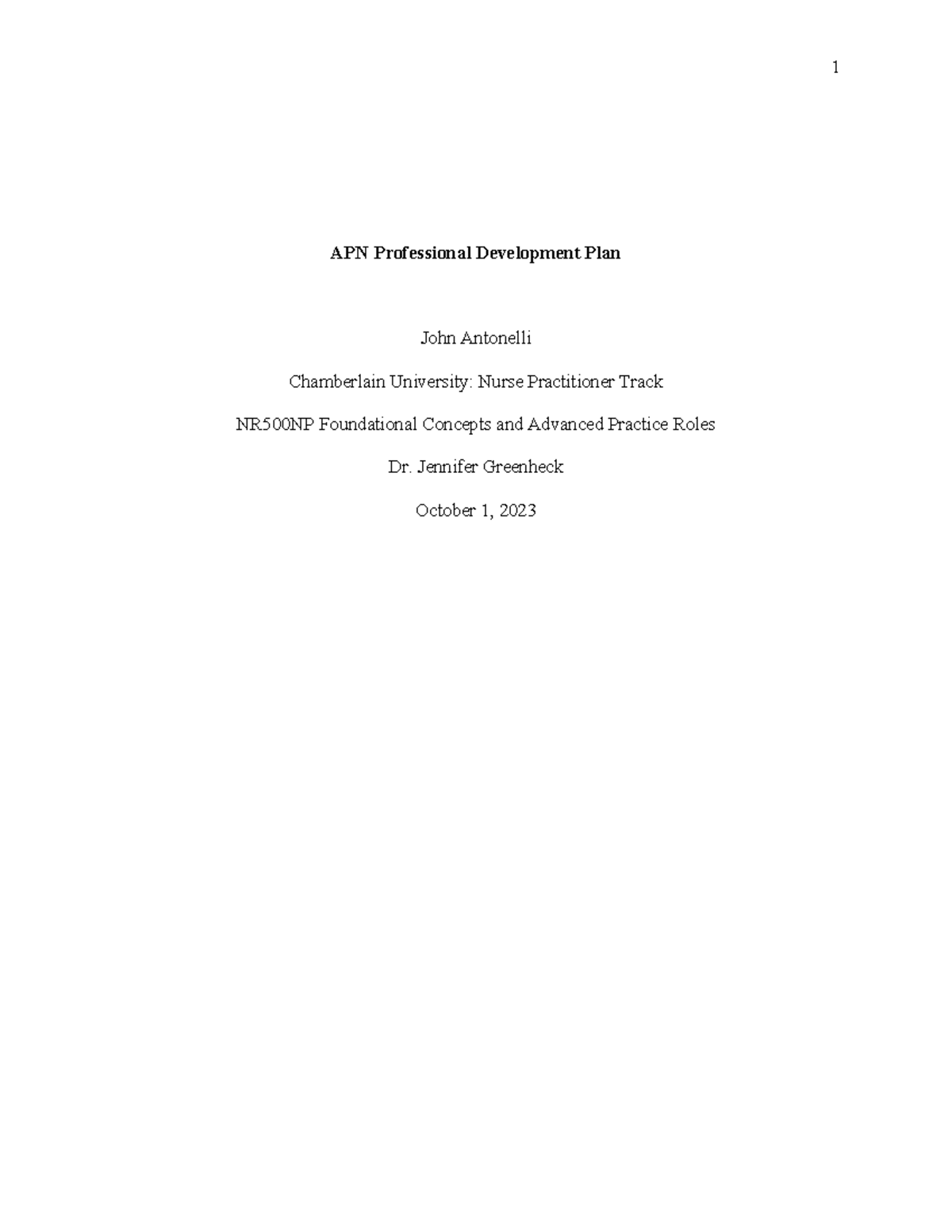 APN Professional Development Plan - Jennifer Greenheck October 1, 2023 ...