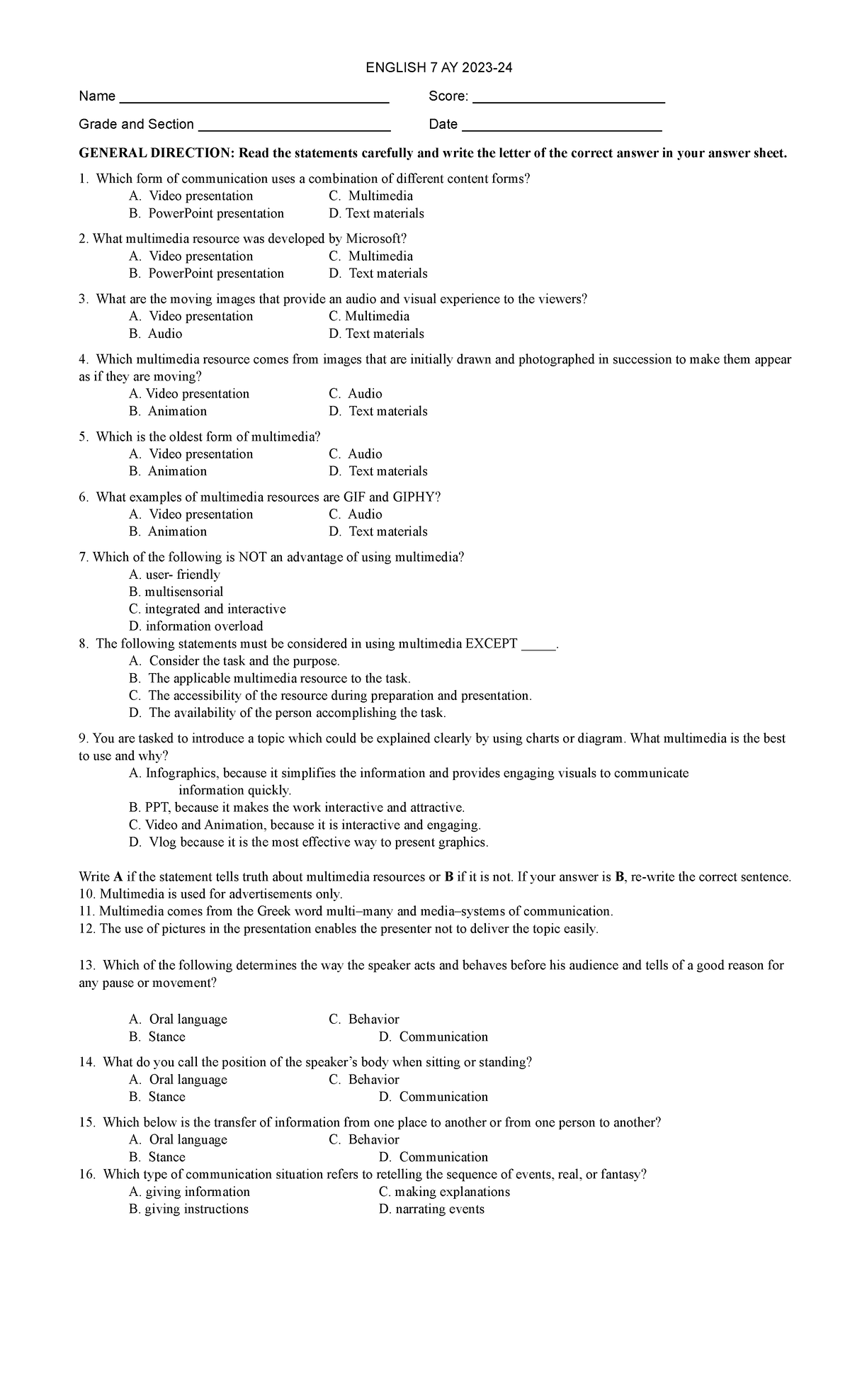 G7 English 3rd Qrtr Examination SY-2023-2024 - ENGLISH 7 AY 2023- Name ...