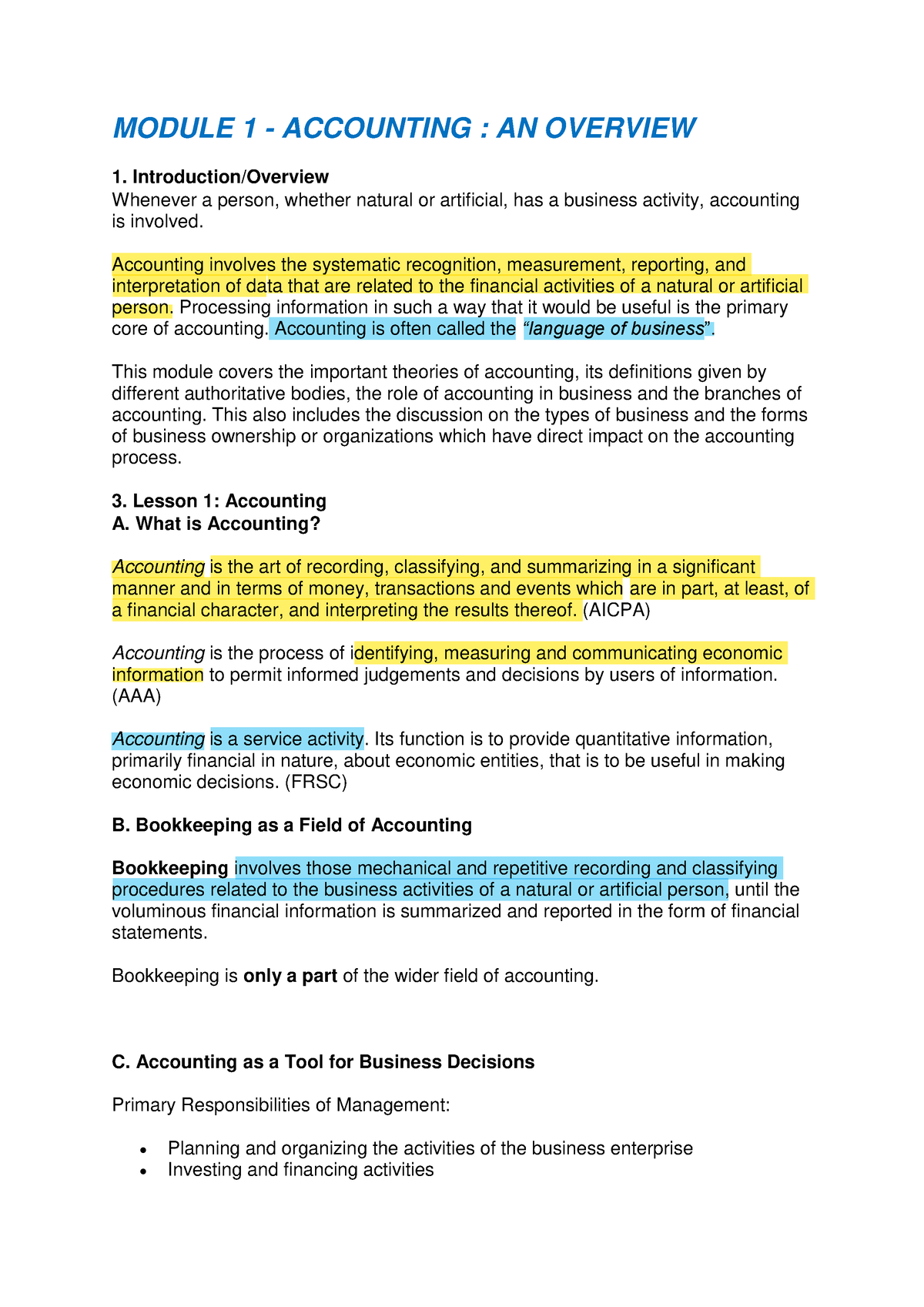 Module 1 5 FABM - MODULE 1 - ACCOUNTING : AN OVERVIEW 1. Introduction ...