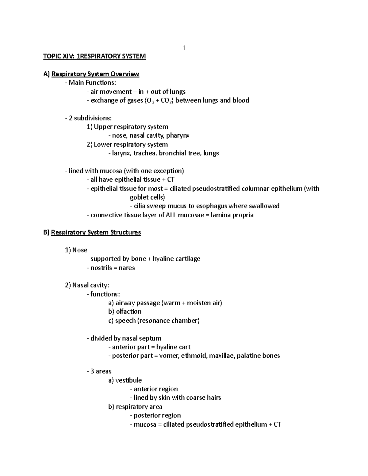 14 - Topic XIV Respiratory System - 1 TOPIC XIV: 1RESPIRATORY SYSTEM A ...