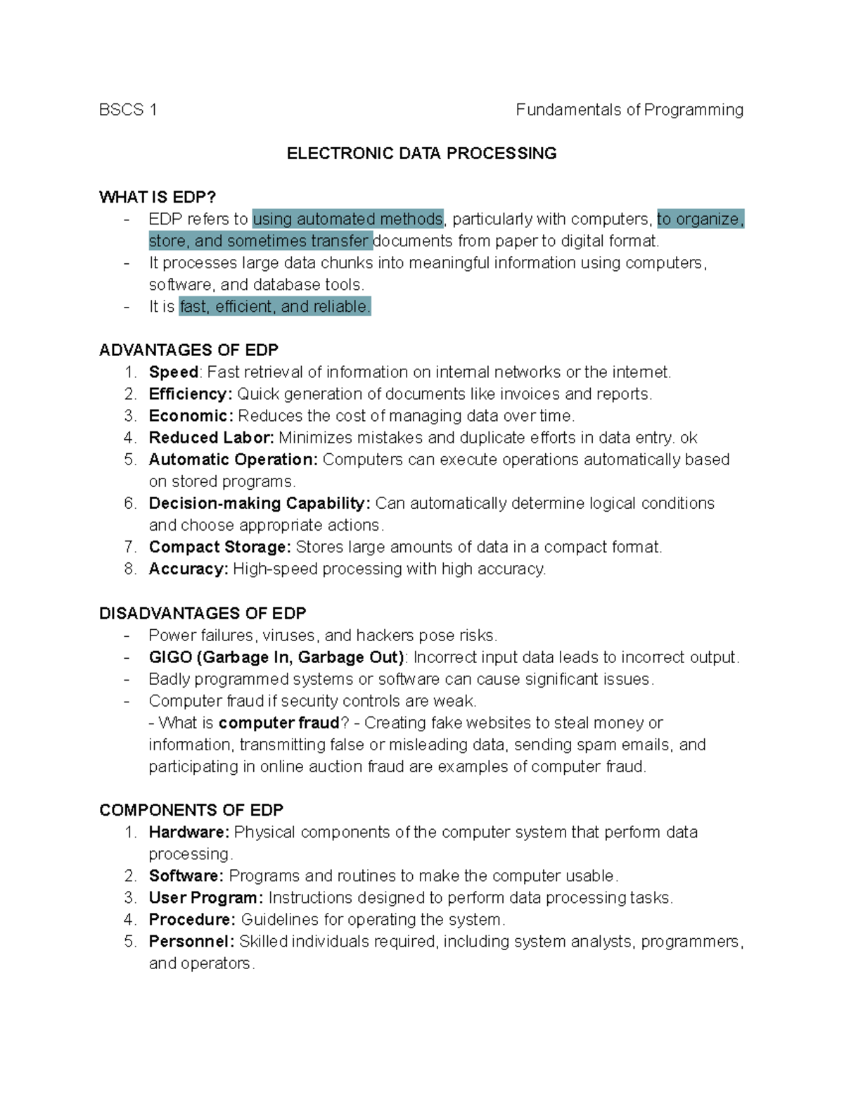 EDP Notes - BSCS 1 Fundamentals of Programming ELECTRONIC DATA ...