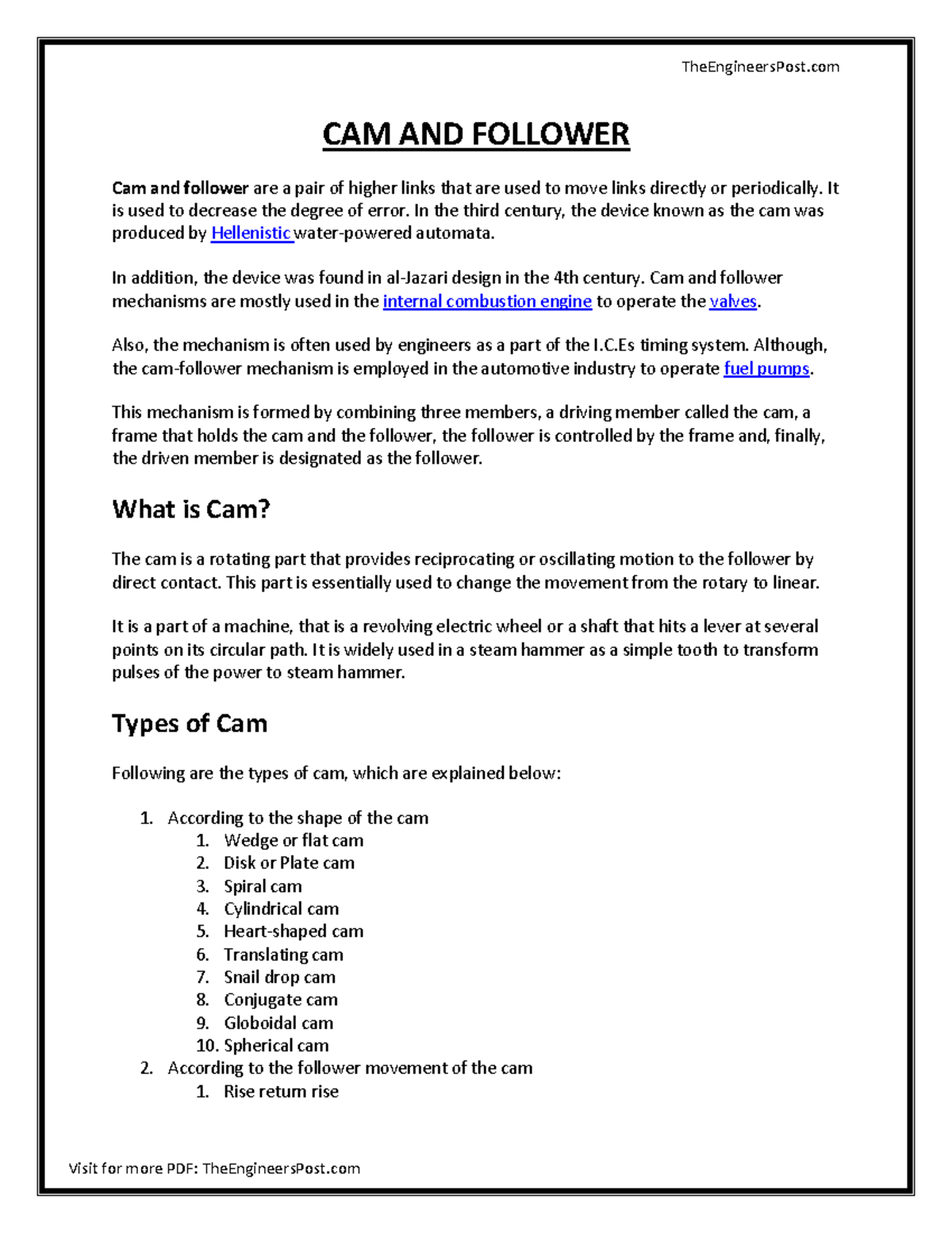 Cam and Follower CAM AND FOLLOWER Cam and follower are a pair of