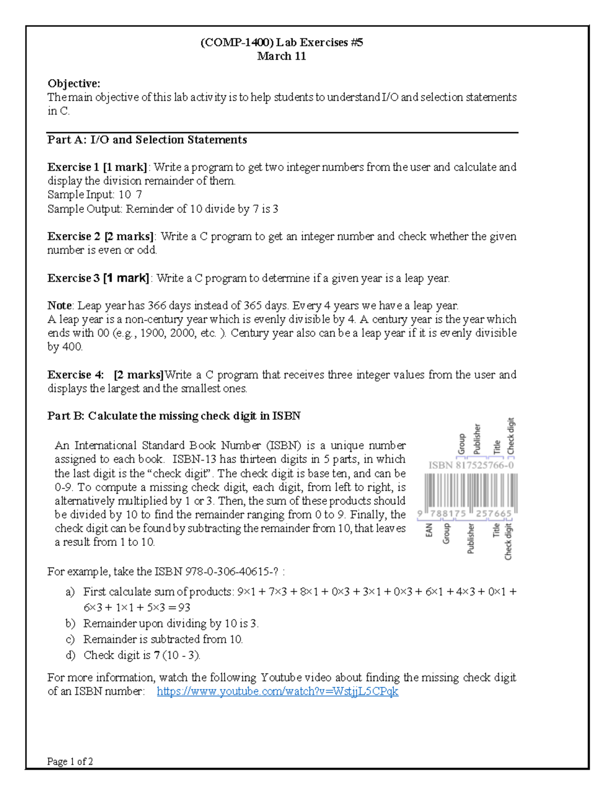 Lab5-F2022 - lab5 - Page 1 of 2 (COMP-1400) Lab Exercises # March 11 ...