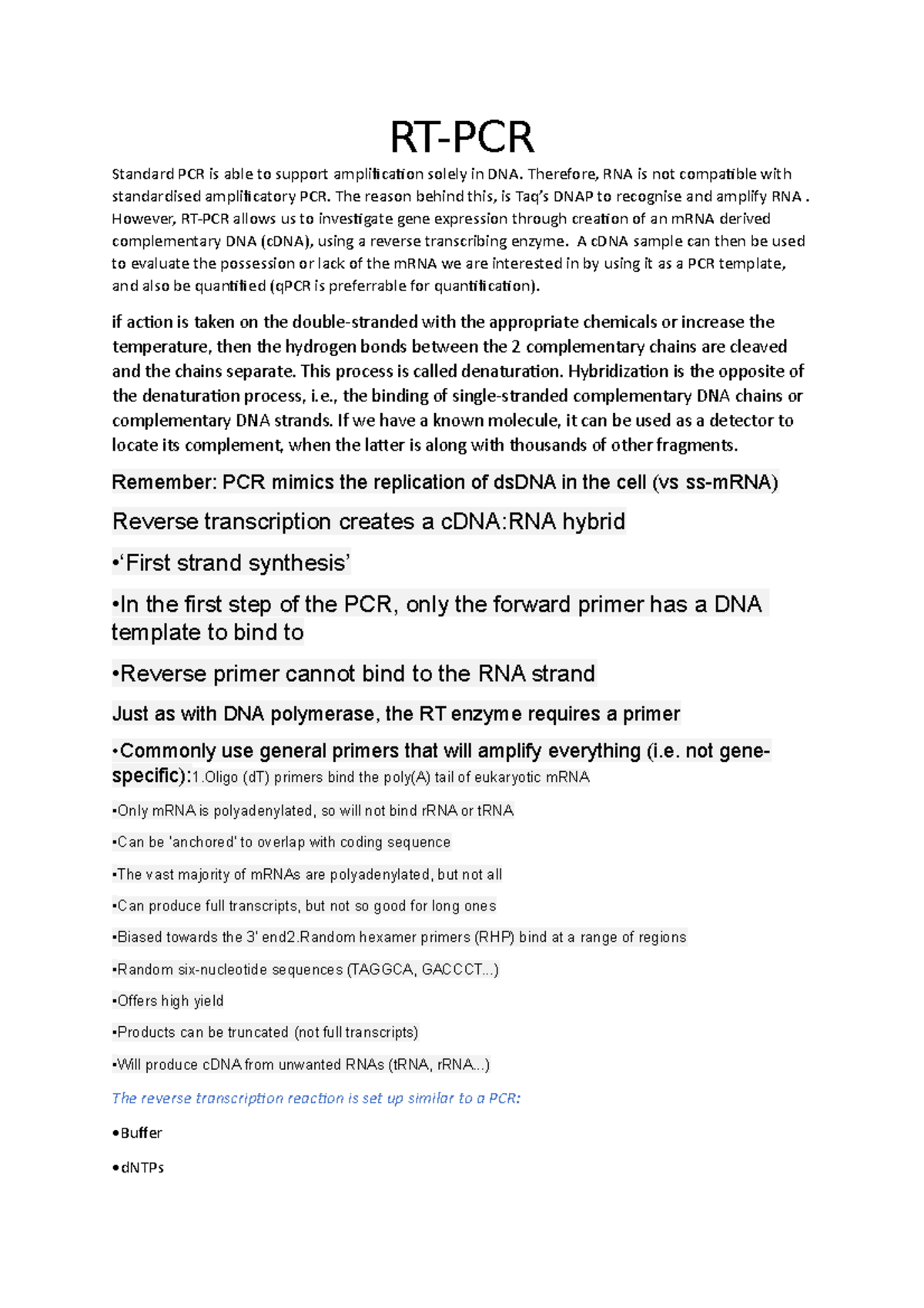 qPCR lecture notes paraphrased 2020 - RT-PCR Standard PCR is able to ...