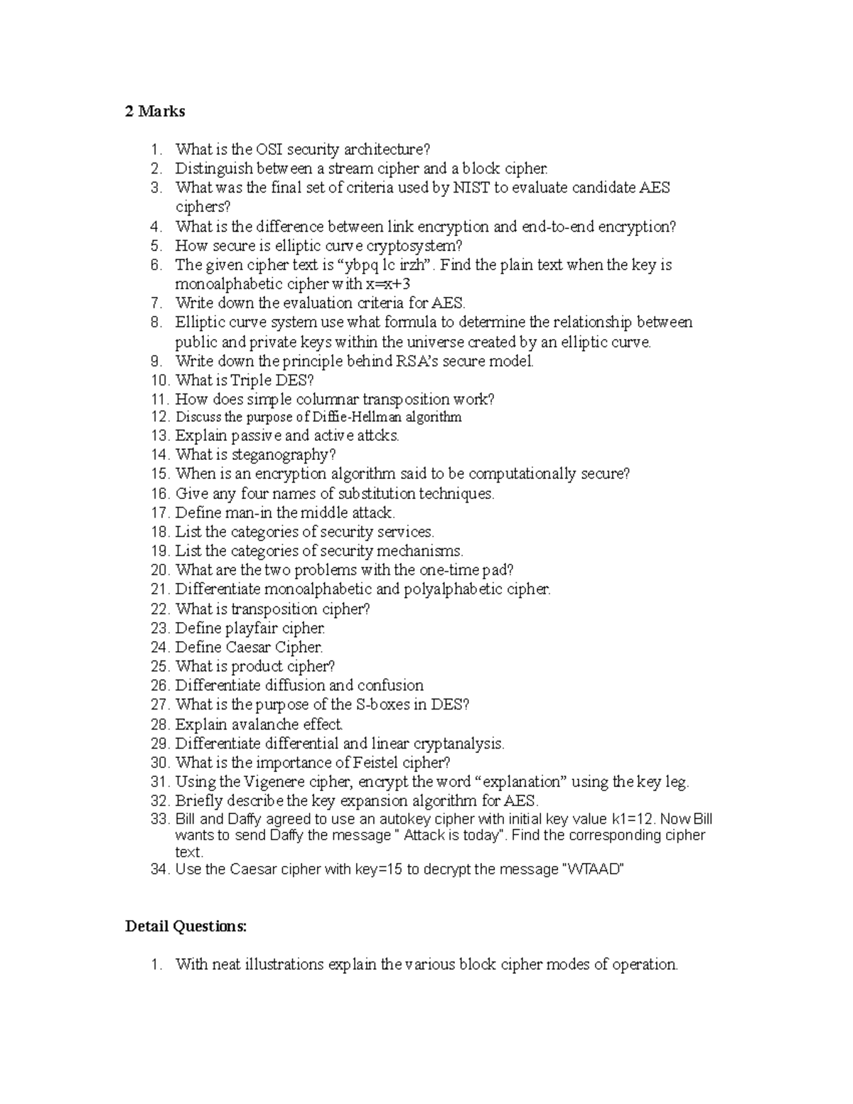 CNS 1 & 2 Unit Question Bank - 2 Marks What is the OSI security ...