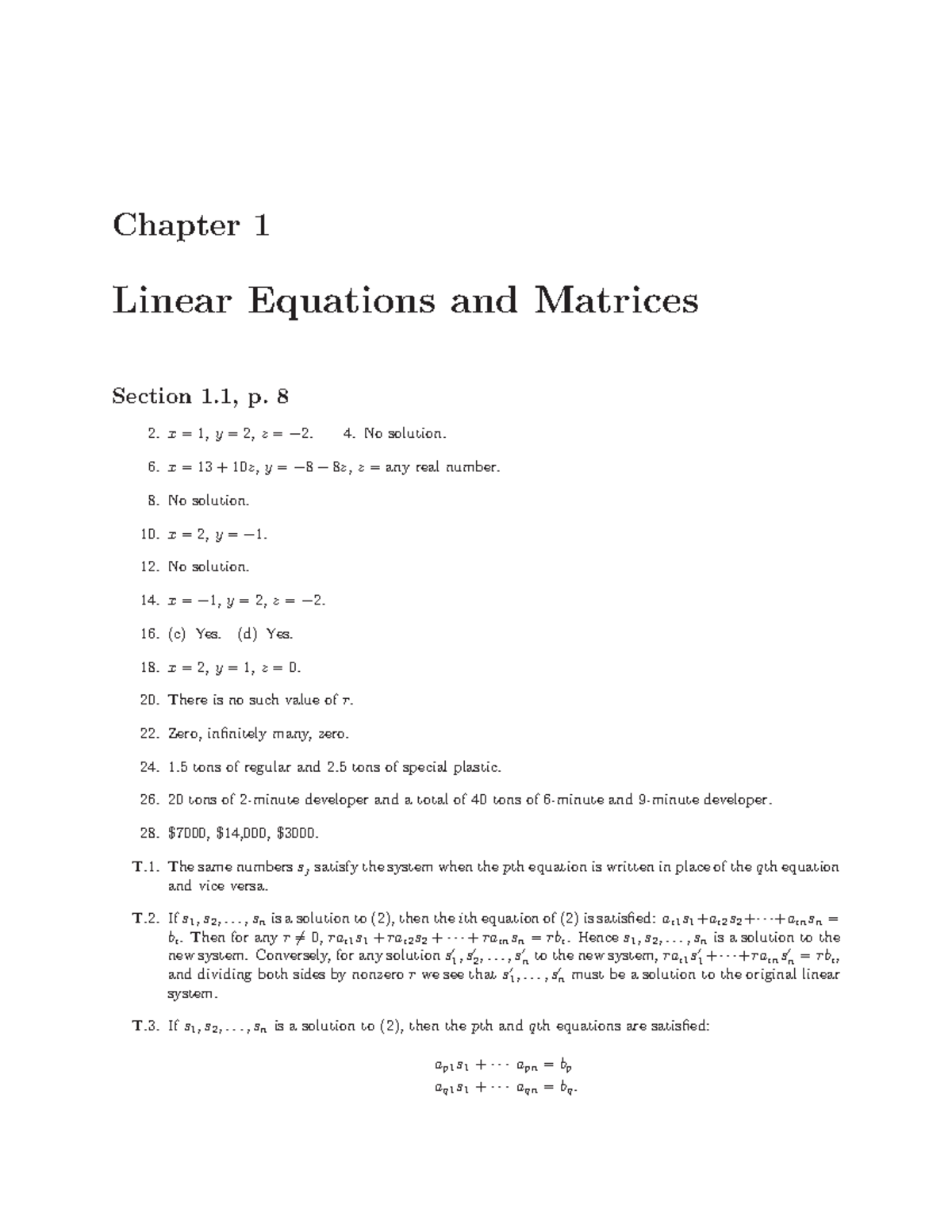 Linear Algebra Solution Manual Edition 8 - Chapter 1 Linear Equations ...