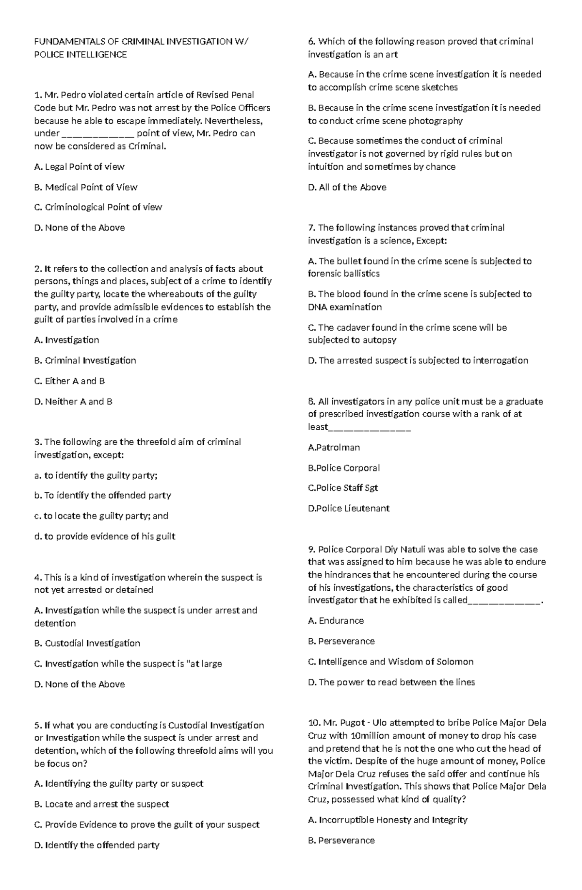 Fundamentals Question - FUNDAMENTALS OF CRIMINAL INVESTIGATION W ...