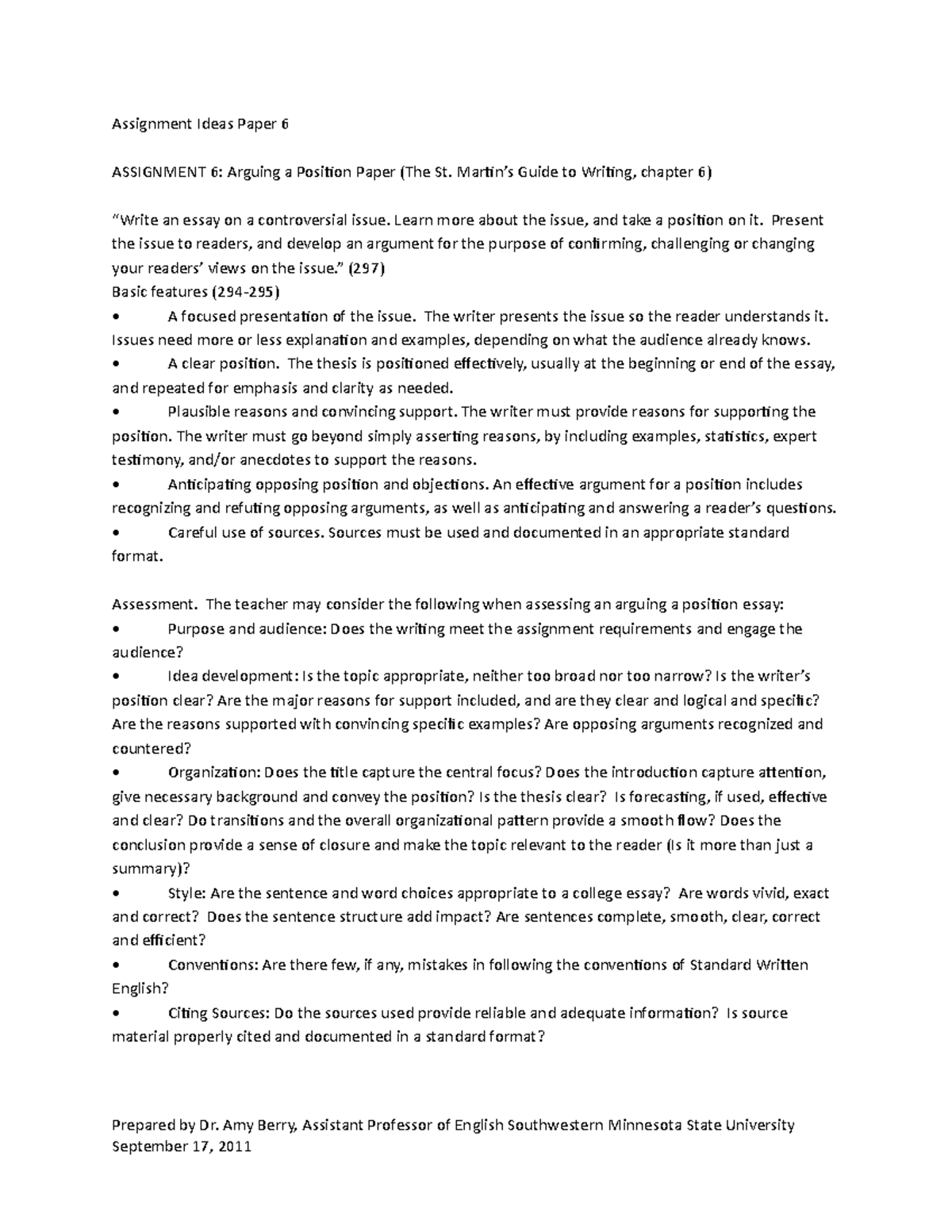 Essay 6Sample Assignment Arguing Position - Assignment Ideas Paper 6 ...